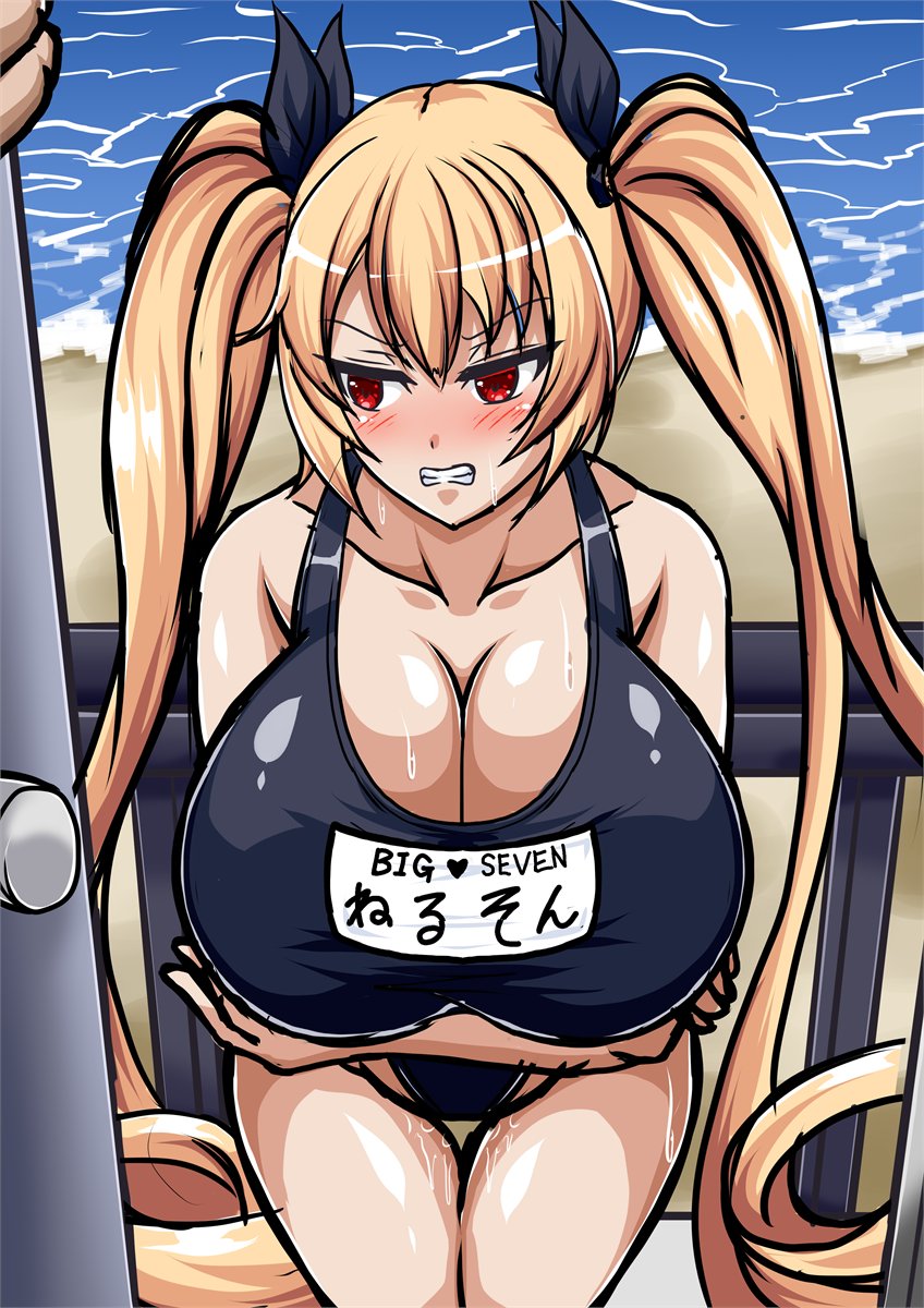 1girls angry azur_lane blonde_hair blush cleavage gritted_teeth huge_breasts long_hair nelson_(azur_lane) one_piece_swimsuit oppai red_eyes school_swimsuit suzumori swimsuit twintails