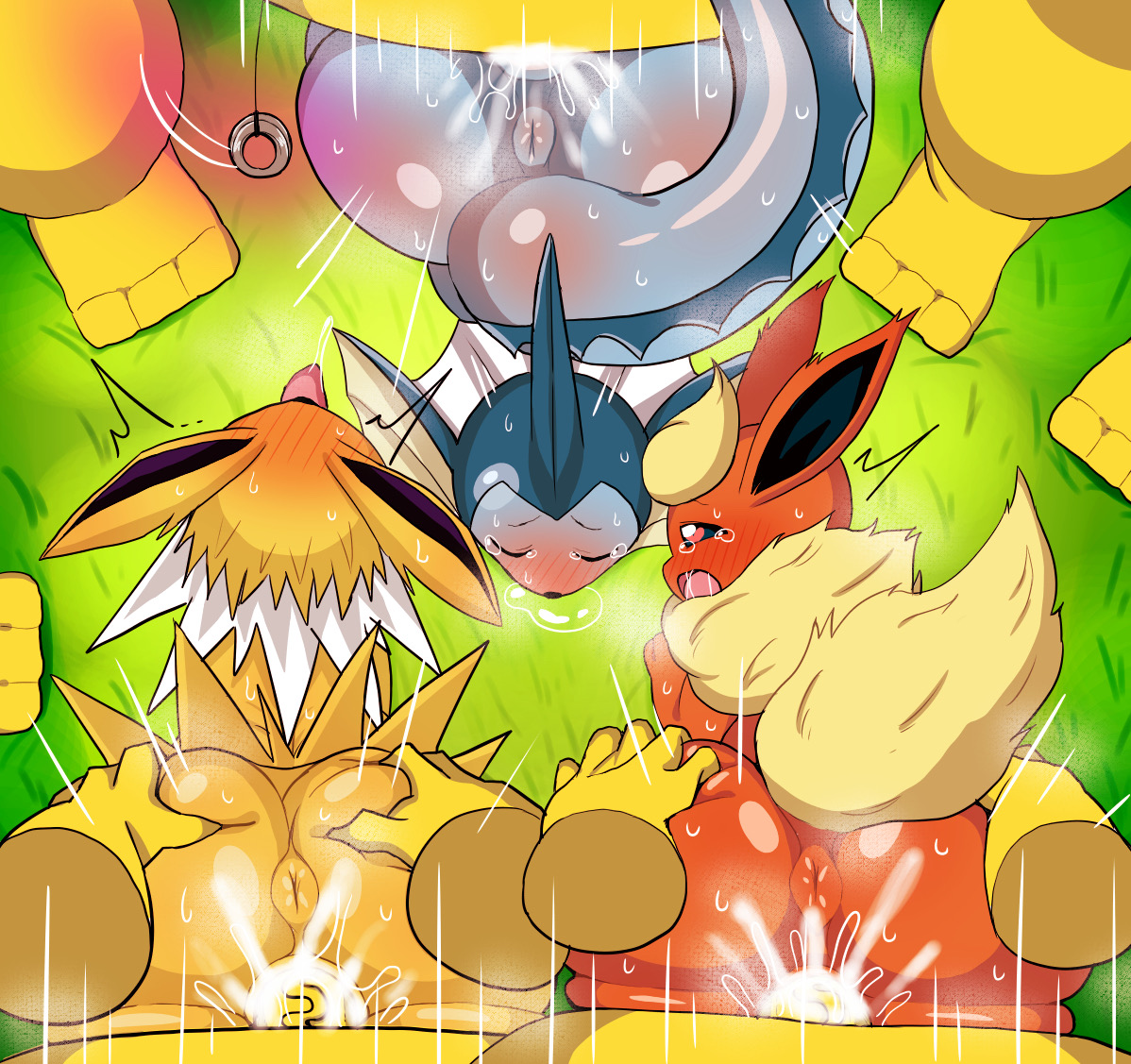 3girls, 5boys, ahe gao, ahegao, anus, ass, ass grab, big ass, big butt, blush, cum, cum in pussy, cum inside, disembodied hand, eeveelution, female, flareon, furry, hypno, hypnosis, jolteon, large ass, male, mind control, moaning, motion lines, nintendo, pencil3693, pendulum, pokemon, pokemon (species), pokemon rgby, pussy, rape, sex, thick ass, unseen male face, vaginal penetration, vaginal sex, vaporeon, yellow body