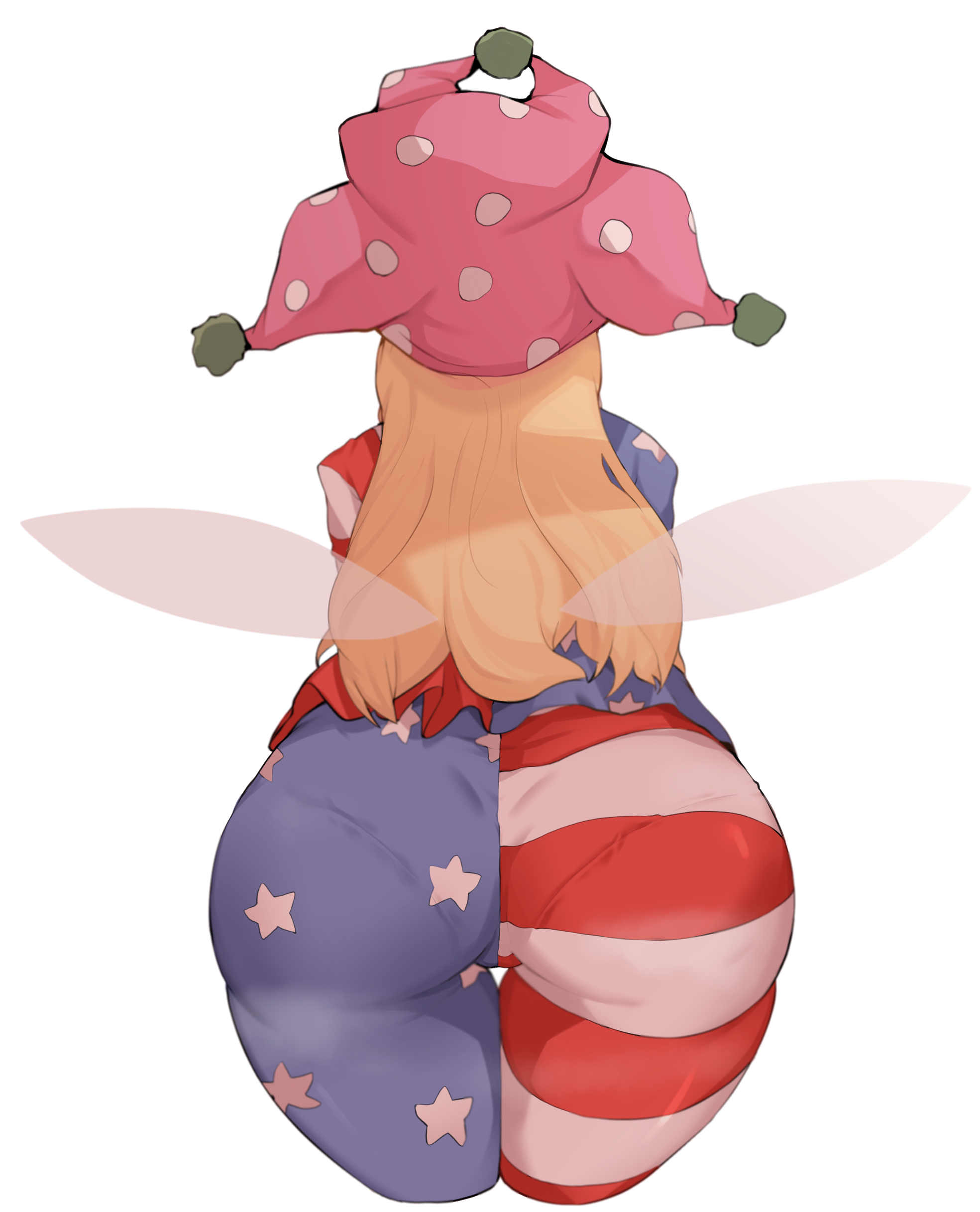 ass, blonde hair, bodysuit, clownpiece, fairy, fairy wings, female, jester cap, long hair, panties visible through clothing, pantylines, touhou