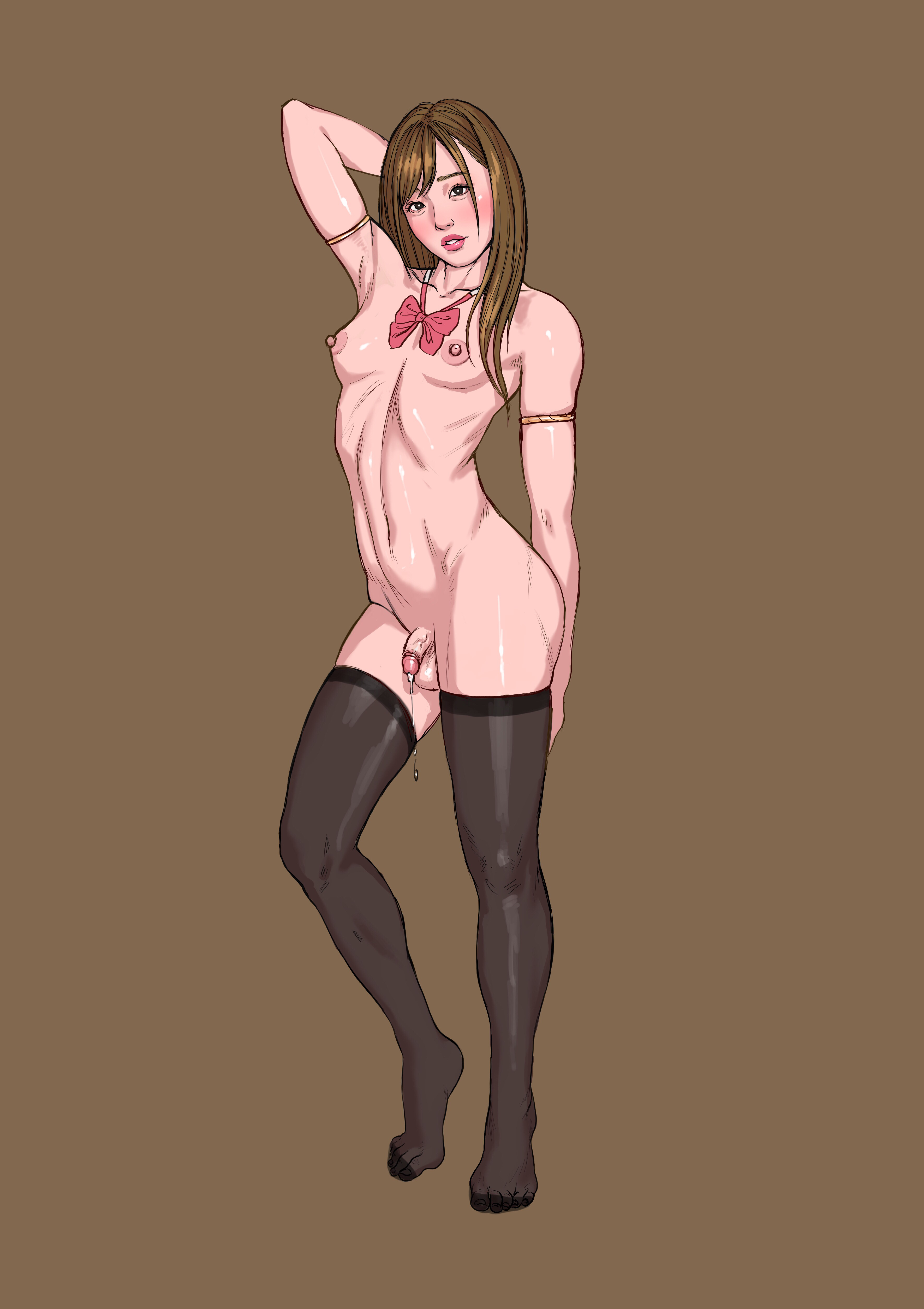 1futa, 2019, alternate version available, arm behind back, arm up, asian, ass, balls, bare shoulders, black legwear, black stockings, bow, brown background, brown hair, dickgirl, eyebrows, eyelashes, futa focus, futa only, futa sans pussy, futanari, legwear, legwear only, looking at viewer, nipples, no panties, no shoes, original, original character, penis, precum, precum drip, precum string, precum trail, simple background, small penis, solo, solo focus, solo futa, standing, stockings, stockings only, thighs, tinystone, topless
