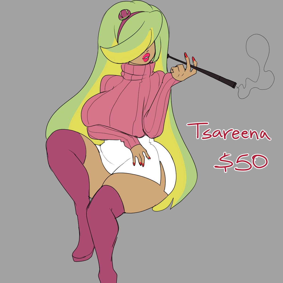 1girls, anthro, bare thighs, bluueygooey, boots, breasts, crossed legs, curvy, dark skin, dark-skinned female, female, green hair, hair over eyes, huge breasts, lipstick, long hair, milf, nail polish, personification, pipe, pokemon, red lipstick, red nails, sitting, smoking, solo, sweater, thick thighs, tsareena, very long hair, voluptuous