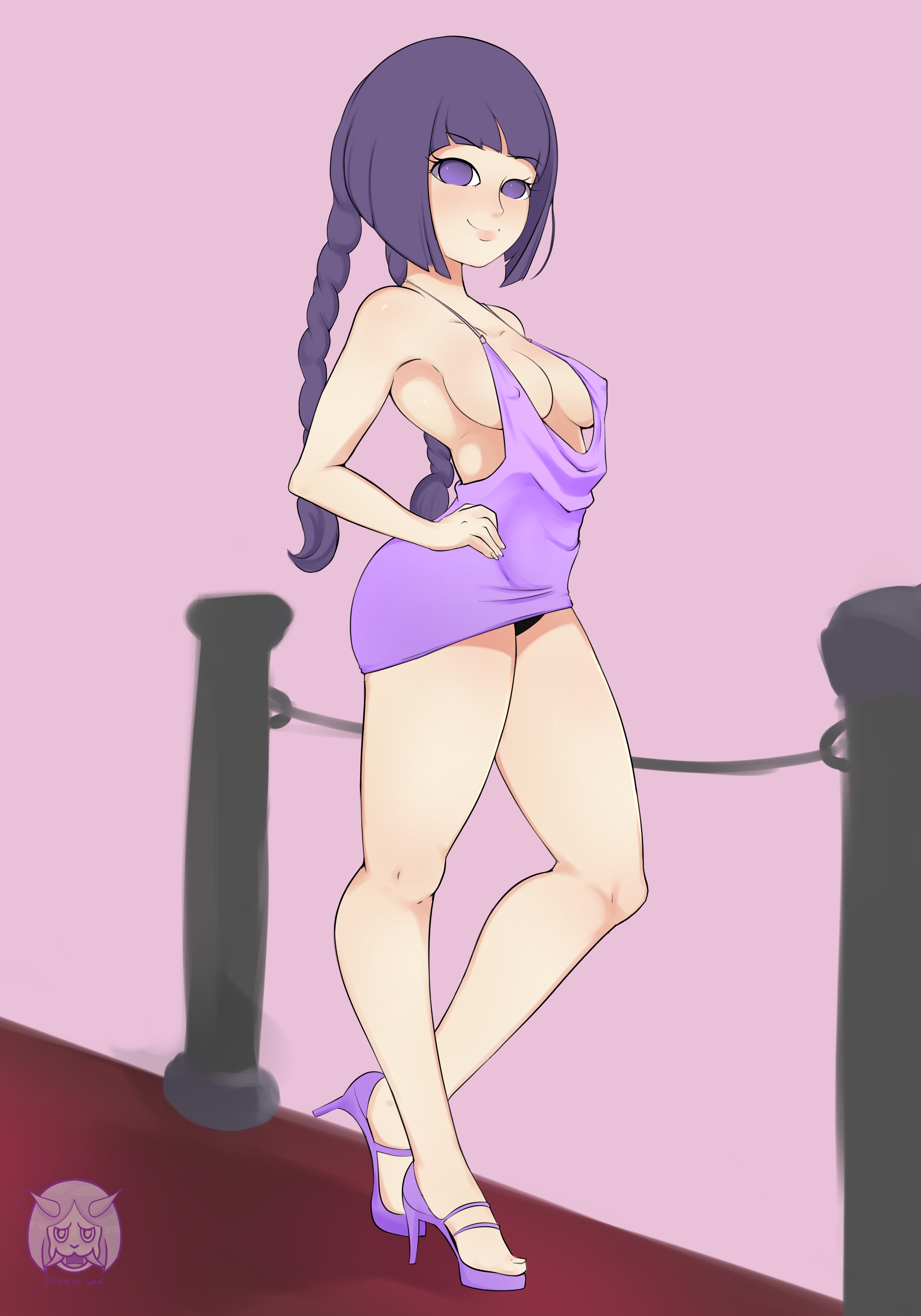 1girls, bare legs, bare shoulders, boruto: naruto next generations, breasts, dress, erect nipples, erect nipples under clothes, female, female only, footwear, hannya san, heels, kakei sumire, looking at viewer, naruto, naruto (series), nipples, no bra, panties, purple eyes, purple hair, red carpet, smile, solo, walking, wide hips