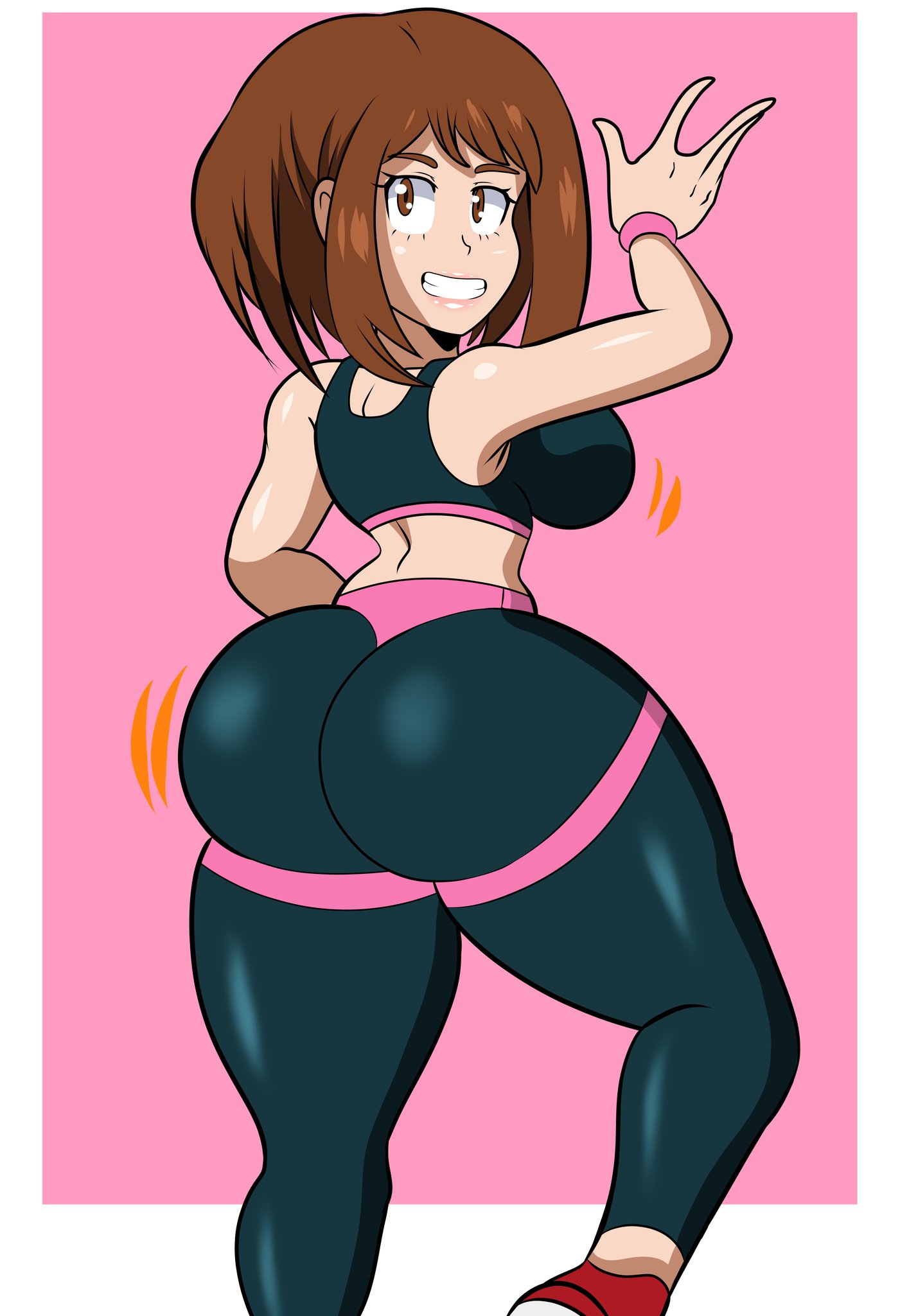 1girls, ass, ass focus, brown hair, bubble ass, bubble butt, female, grin, looking back, my hero academia, ochako uraraka, shingattai, solo, yoga pants