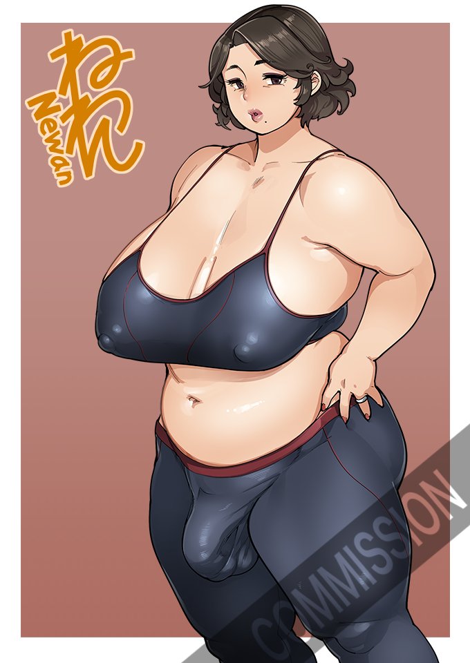 1futa, big breasts, big penis, breasts, brown hair, bulge, chubby, chubby futa, cleavage, clothed, clothing, erect nipples, female, fully clothed, futa only, futanari, human, intersex, large breasts, leggings, light skin, light-skinned futa, mature, mature futa, milf, mole, mole under mouth, neone-x, nipples, pale skin, penis, short hair, simple background, solo, sports bra, sportswear, standing, wedding ring, yoga pants