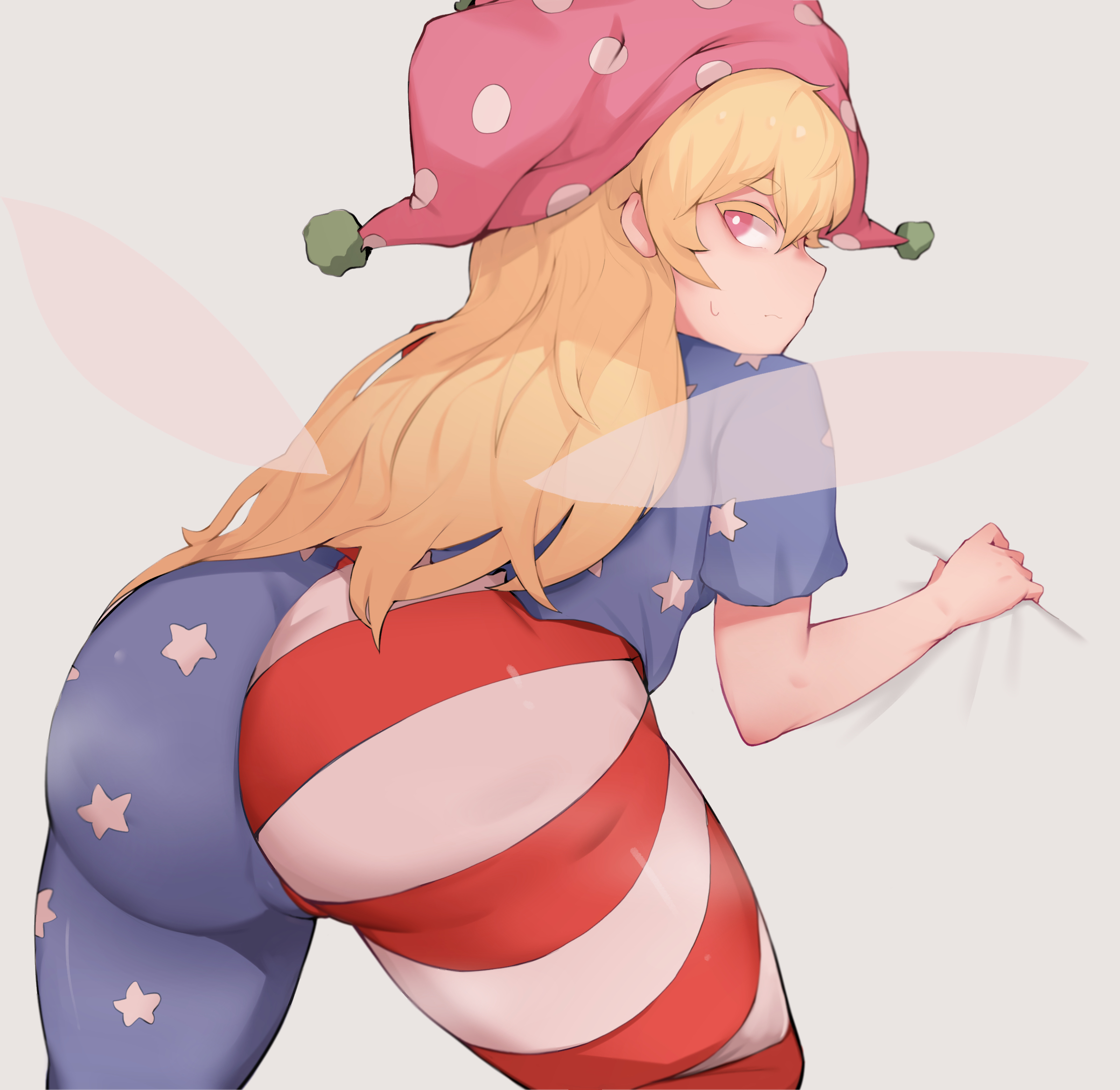 ass, blonde hair, bodysuit, cameltoe, clownpiece, fairy, fairy wings, female, panties visible through clothing, pantylines, pink eyes, pussy, touhou, white background