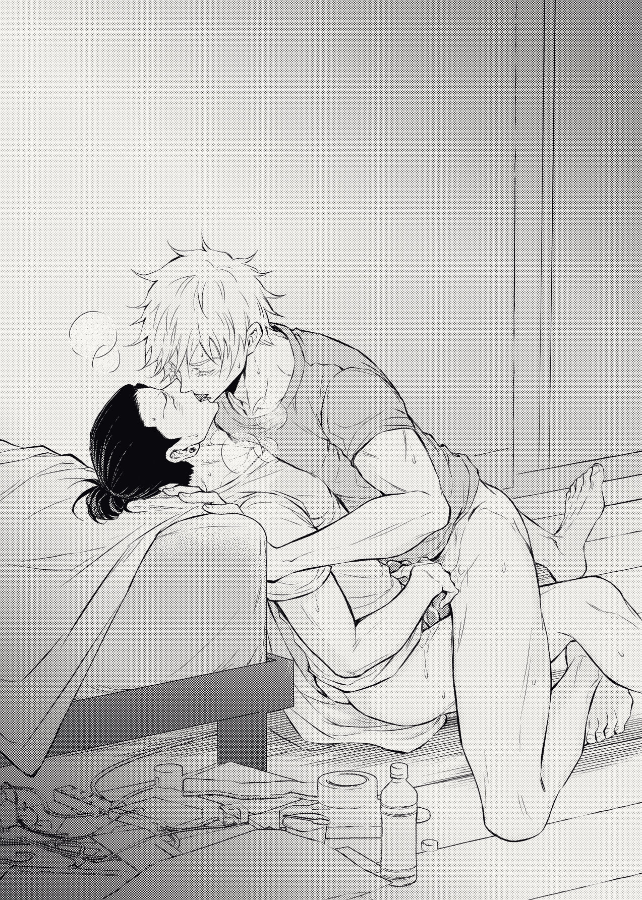 2boys, ass, barefoot, bed, dual handjob, feet, french kiss, frottage, gay, genitals, hand on penis, handjob, jujutsu kaisen, kissing, male, male only, male/male, monochrome, nejmai, no pants, no underwear, on floor, penis, penis grab, satoru gojo, shirt only, sitting on floor, suguru geto, tongue kiss, yaoi