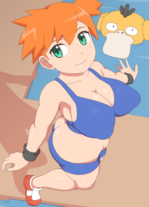 1girls ambiguous_gender aqua_eyes ass ass_cleavage big_ass big_breasts big_butt bike_shorts breasts butt_crack eye_contact kabeume kasumi_(pokemon) large_breasts looking_at_viewer misty_(pokemon) misty_(pokemon_frlg) nintendo nipple_bulge orange_hair pokemon pokemon_frlg pokemon_rgby psyduck short_hair smile spandex_shorts sports_bra thick_thighs thighs tight_clothing