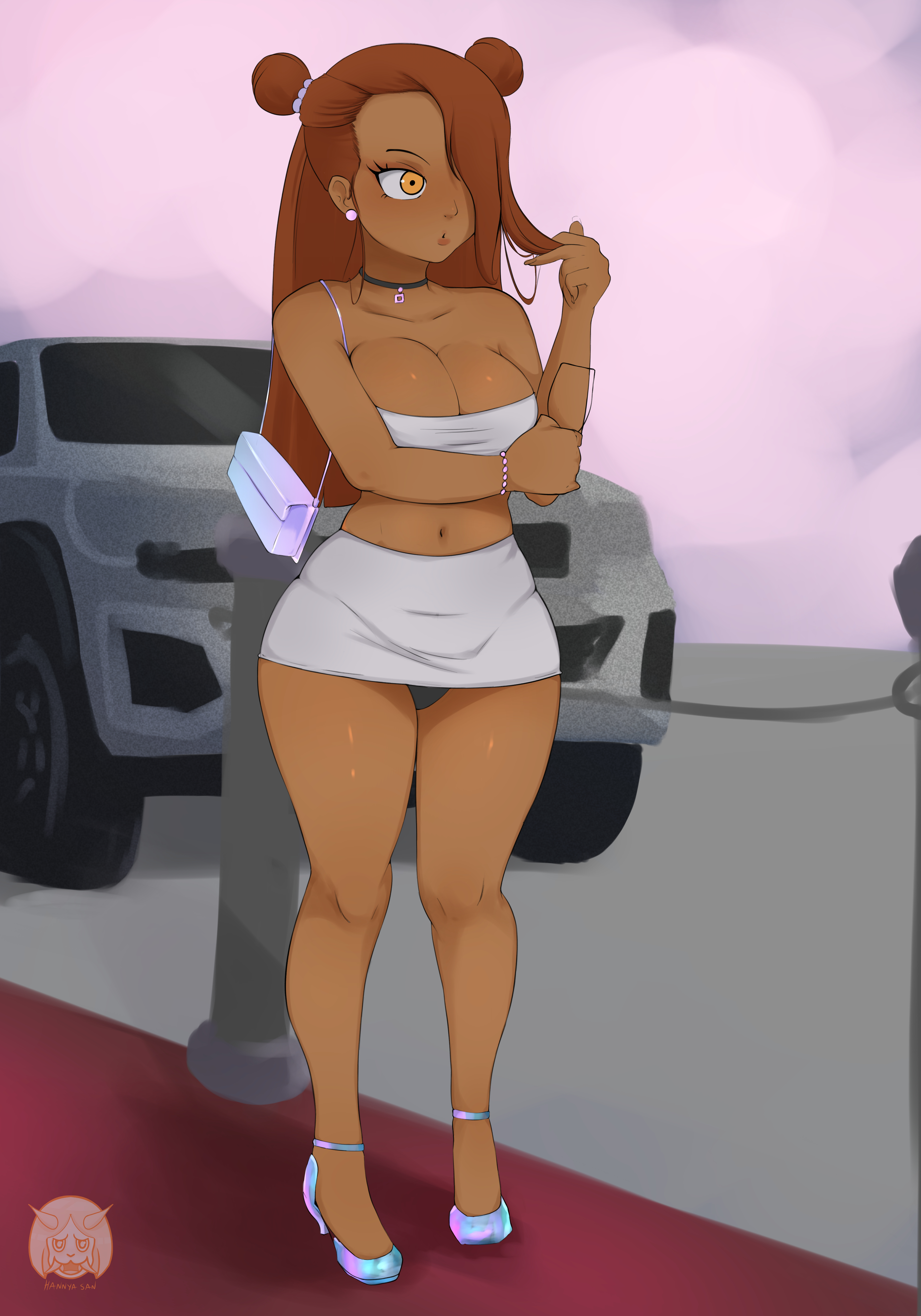 1girls, akimichi chouchou, bag, boruto: naruto next generations, bracelet, breasts, brown hair, choker, crop top, dark skin, dark-skinned female, double bun, female, footwear, glass, hannya san, heels, holding object, micro female, midriff, naruto, naruto (series), no panties, panties, red capelet, revealing clothes, sleeveless shirt, solo, solo focus, wide hips, yellow eyes