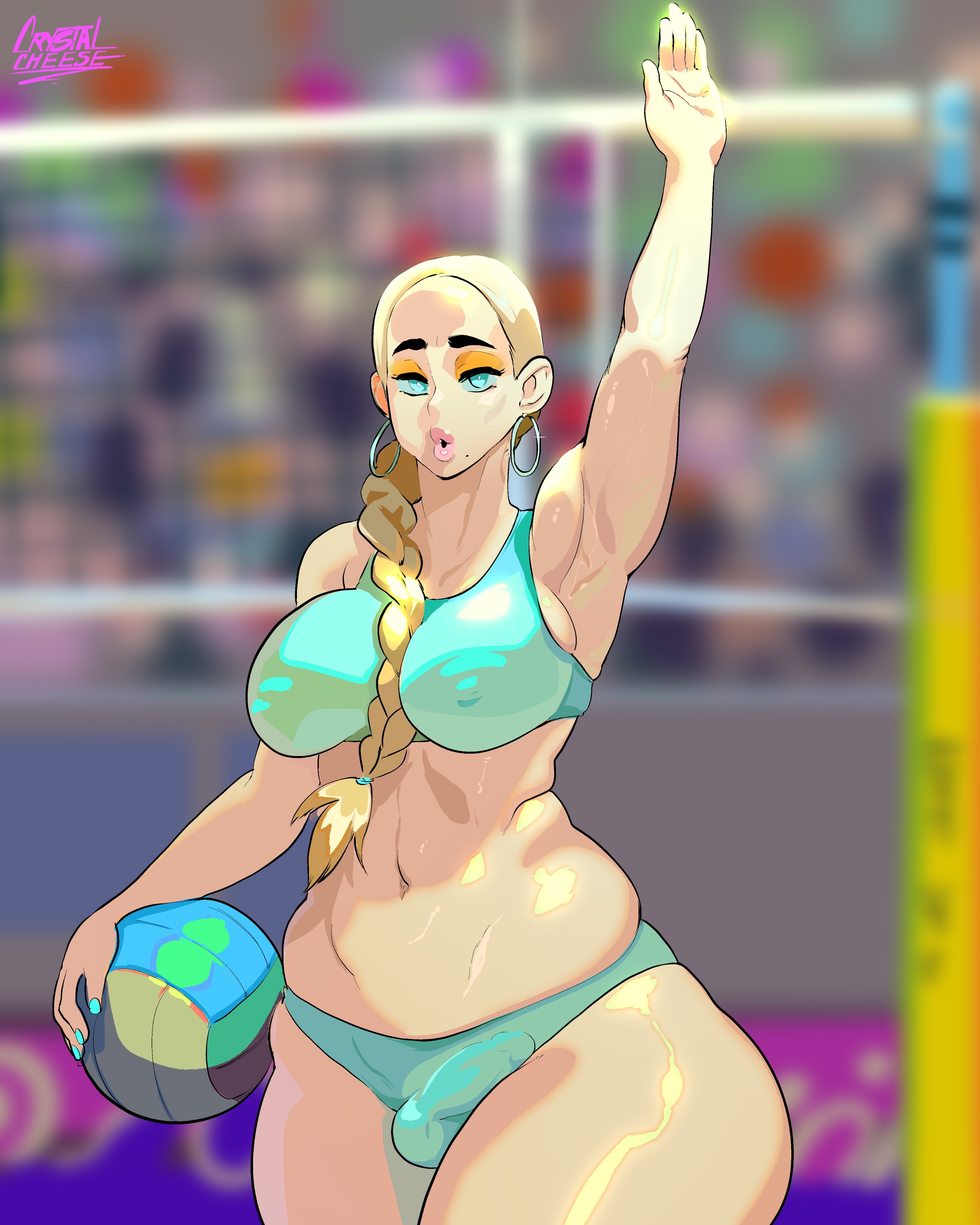 1futa, balls, balls bulge, balls in panties, balls under clothes, bikini, blonde hair, blue eyes, blurry background, breasts, bulge, cameltail, clothed, clothing, crystalcheese, dickgirl, earrings, erect nipples, erection, erection in panties, erection under clothes, fajji, futanari, huge breasts, human, light skin, mostly nude, nipple bulge, nipples, pale skin, panties, panty bulge, penis, penis bulge, penis in panties, penis under clothes, public, solo, standing, thick thighs, wide hips