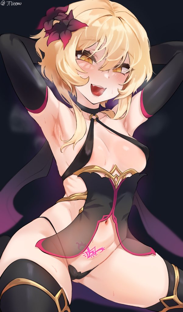 1girls, abyss princess (genshin impact), armpit fetish, armpits, breasts, cleavage, corrupted, corruption, female, female only, genshin impact, jtveemo, looking at viewer, lumine (genshin impact), medium breasts, open mouth, pubic tattoo, seductive, seductive look, solo, tagme, thighhighs