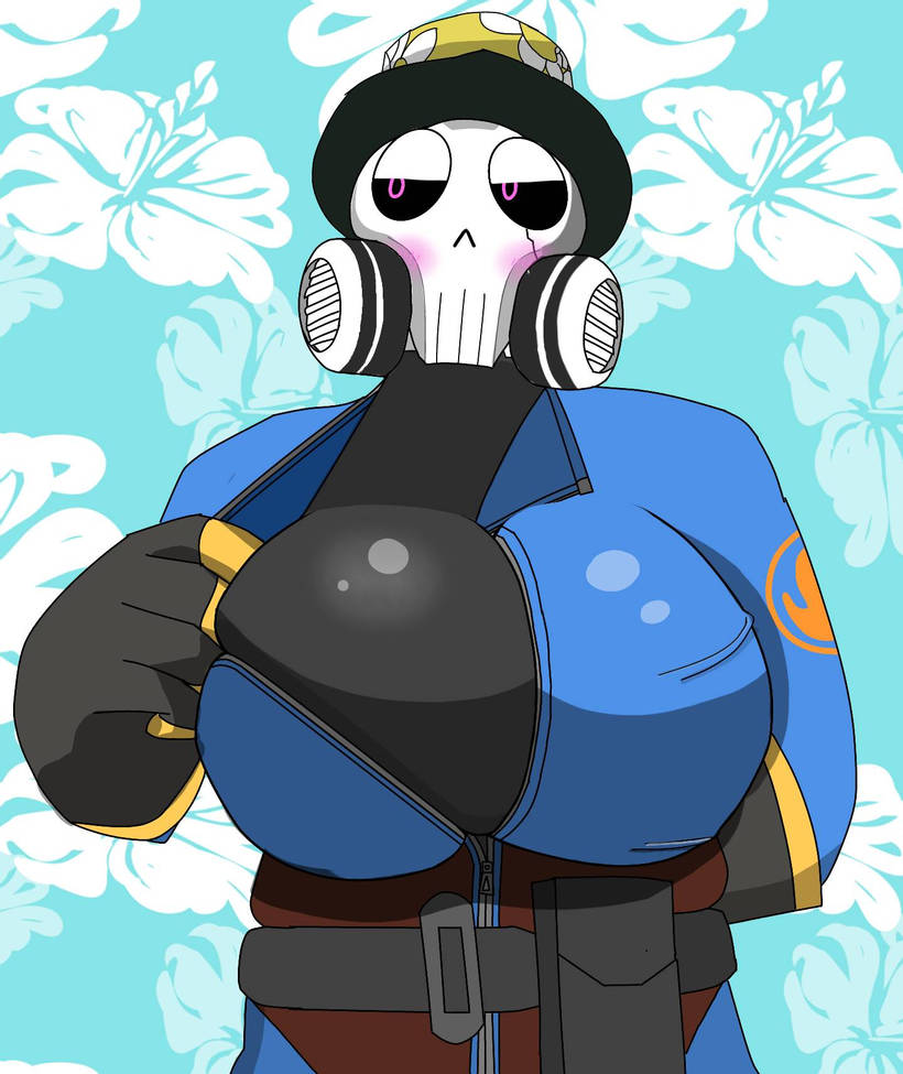 1girls, 2d, blush, cleavage, female, female only, fempyro, gas mask, gloves, human, human female, human only, jacket, pink eyes, solo, tagme, team fortress 2