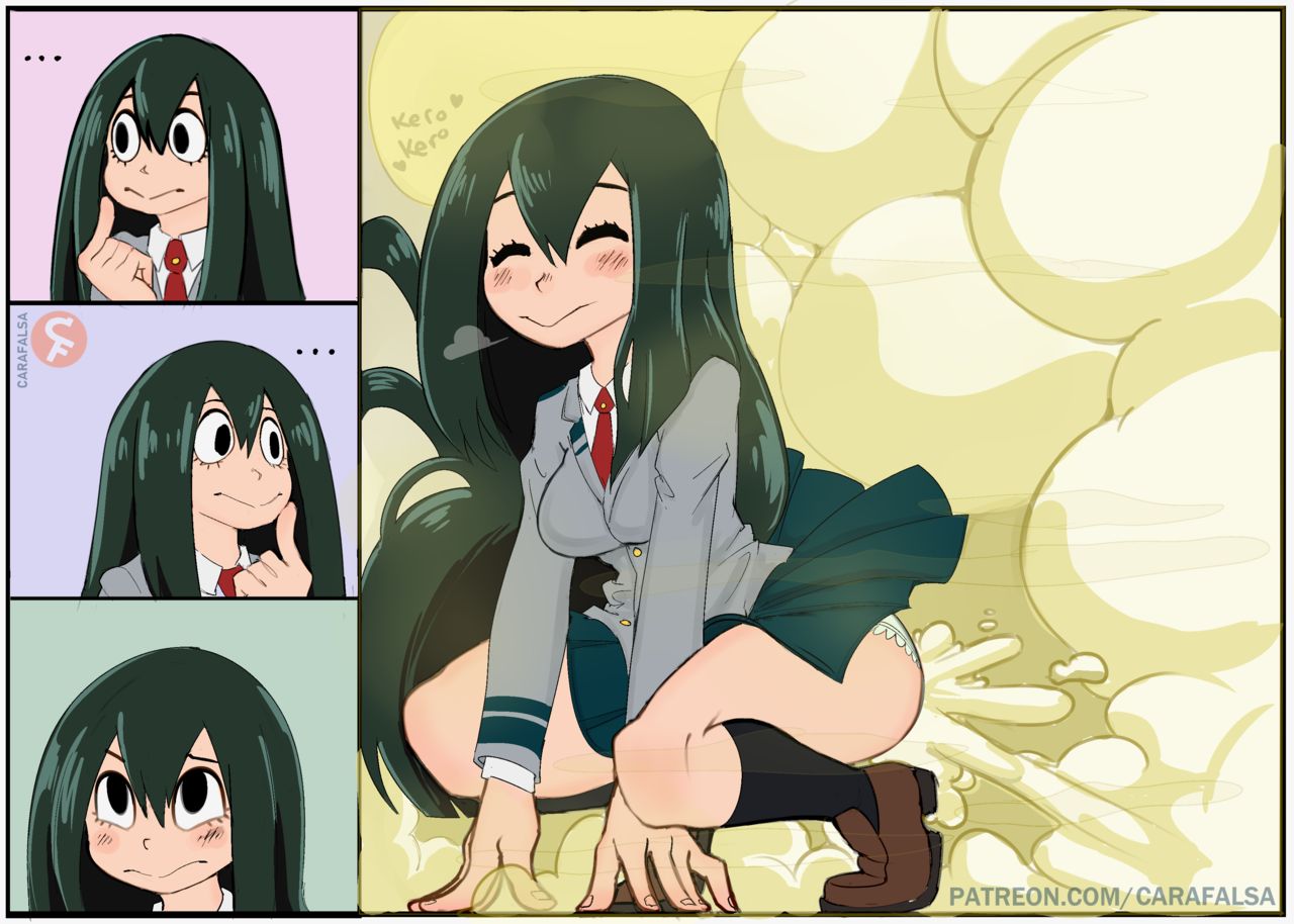 1girls blush carafalsa clothed fart fart_cloud fart_everywhere fart_fetish farting green_hair my_hero_academia panties skirt smile solo_female tsuyu_asui uniform