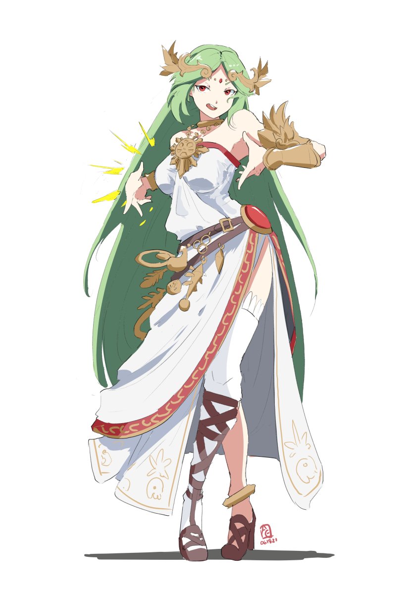 1girls, automatic giraffe, dress, fair skin, fair-skinned female, female, female only, goddess, green hair, kid icarus, kid icarus uprising, long hair, nintendo, one thighhigh, palutena, red eyes, solo, solo female, tagme, white background