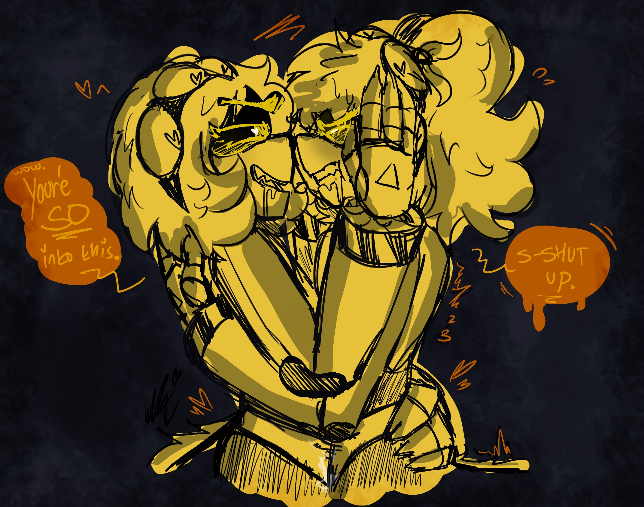 dirty talk, disassembly drone, drool, drooling, face grab, female, female only, flustered, glitch productions, grabbing face, grabbing hips, hip grab, j (murder drones), makeout, murder drones, robot, toxic yuri, v (murder drones), yellow eyes, yuri