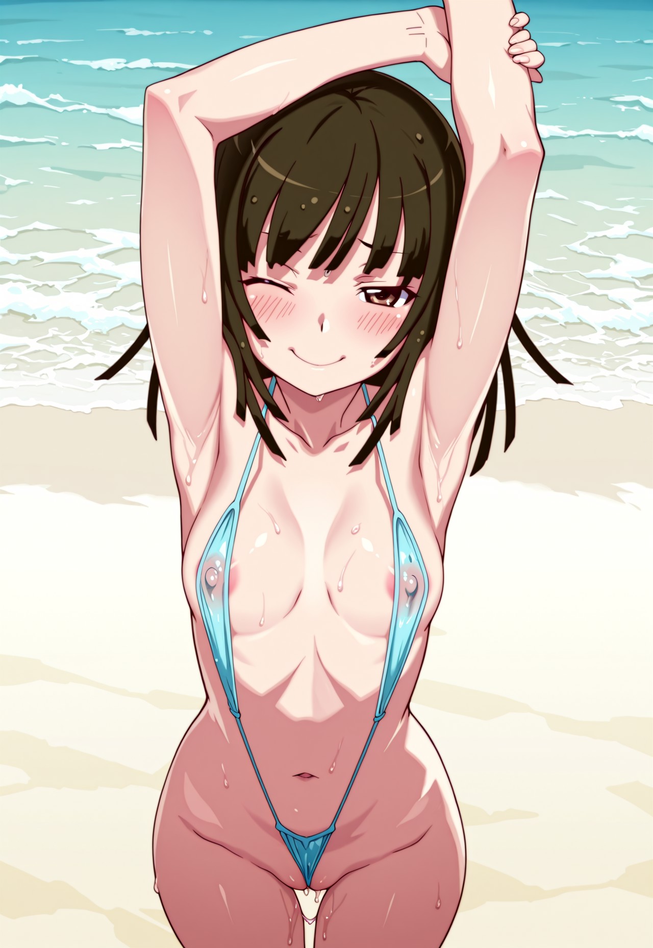 ai generated, beach, breasts, female, flat chest, hands up, monogatari (series), nipples, nipples visible through clothing, pussy, pussy juice, sengoku nadeko, sling bikini, slingshot swimsuit, small breasts, smile, swimsuit, tight clothing, transparent clothing