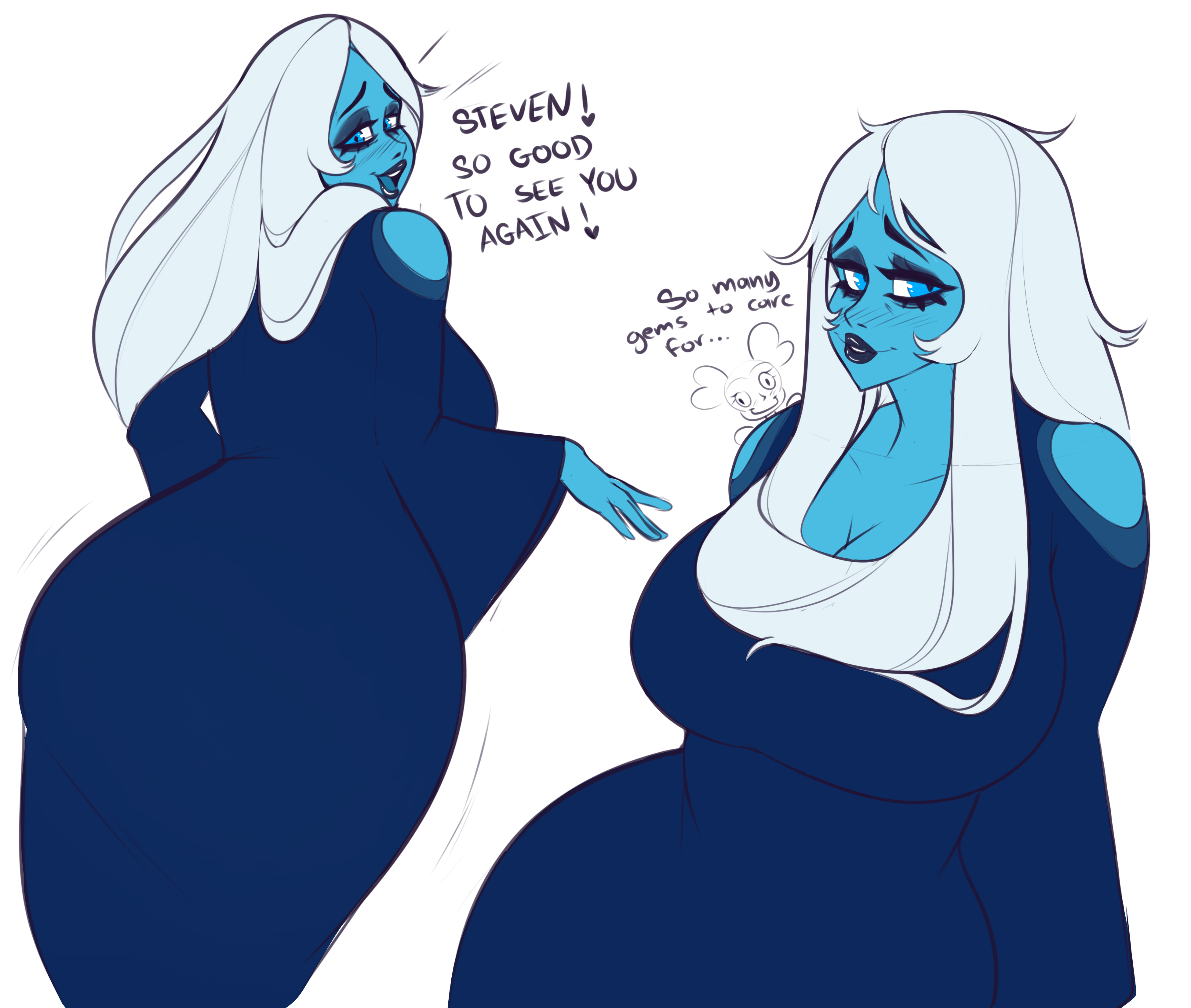 1girls, 2020, absurd res, alien, alien girl, ass, big ass, big breasts, blue diamond (steven universe), blue skin, blush, breasts, cartoon network, d3monone, dialogue, dress, english text, eyelashes, female, female only, long dress, long hair, looking at viewer, smiling, smiling at viewer, solo, steven universe, white background, white hair, wide hips