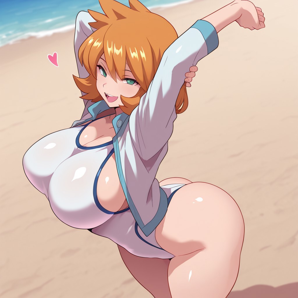 ai generated, alternative bust size, arched back, armpits, arms up, ass, bangs, bare legs, bikini, blue swimsuit, blush, breasts, cleavage, clothing, competition swimsuit, curvaceous, female, green eyes, highleg, highleg swimsuit, huge breasts, jacket, kasumi (pokemon), large breasts, legs, long sleeves, looking at viewer, misty (pokemon hgss), navel, one-piece swimsuit, one-piece thong, open clothes, open jacket, open mouth, orange hair, pokemon, pokemon gsc, pokemon hgss, shiny skin, shirt, short hair, sideboob, smile, stretch, swimsuit, tank suit, thick thighs, thighs, thong, white jacket, white one-piece swimsuit, white swimsuit, wide hips