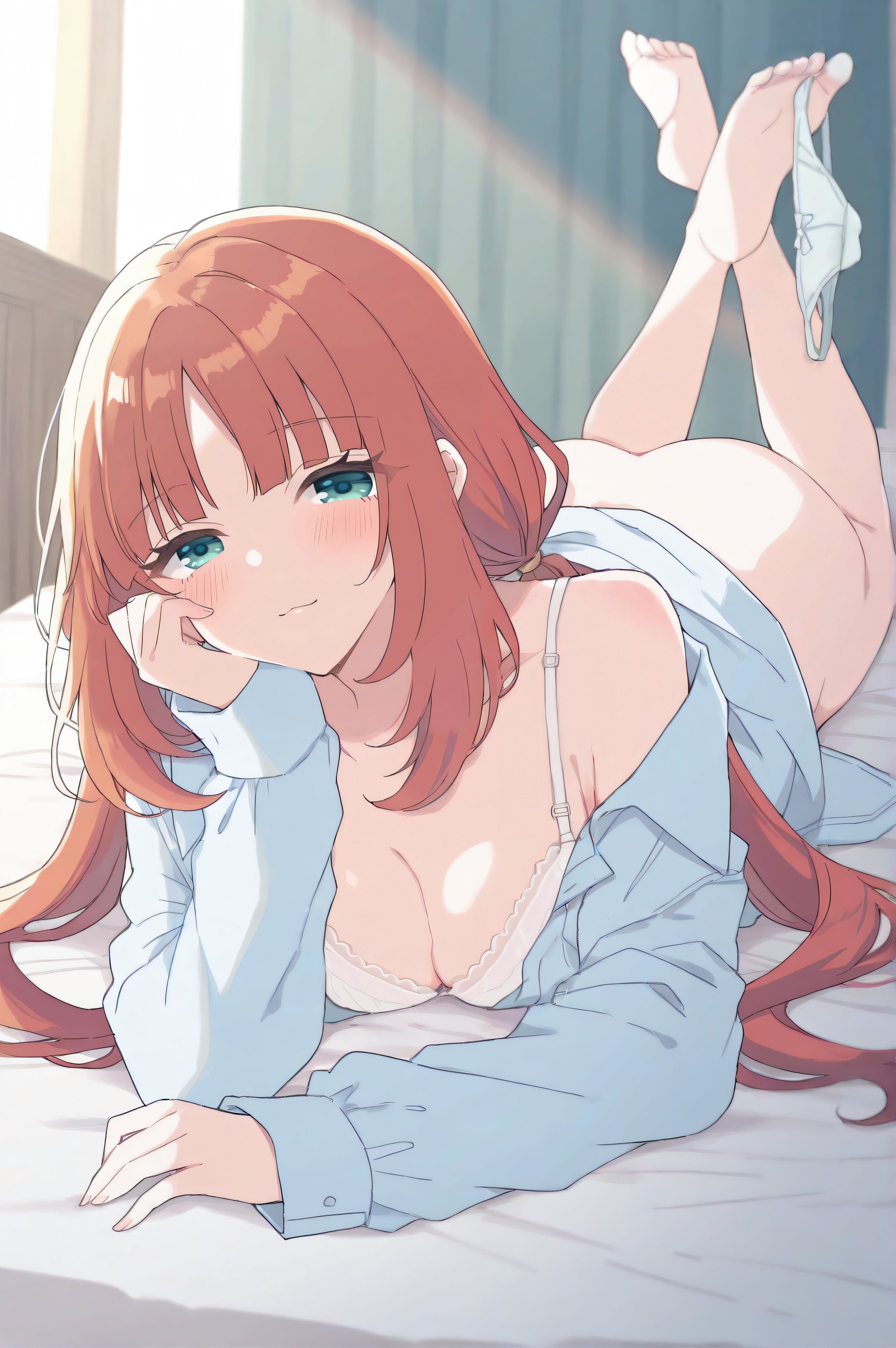 ai assisted, ass, blue eyes, blue shirt, blush, bra, ebimaru daicon, female, genshin impact, looking at viewer, mihoyo, nilou (genshin impact), panties, red hair