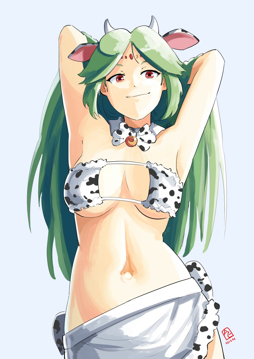 1girls, animal ears, armpits, arms up, automatic giraffe, cow bikini, cow ears, cow girl, cow horns, cow print, eyepatch bikini, fair skin, fair-skinned female, female, green hair, kid icarus, kid icarus uprising, light skin, light-skinned female, navel, nintendo, palutena, red eyes
