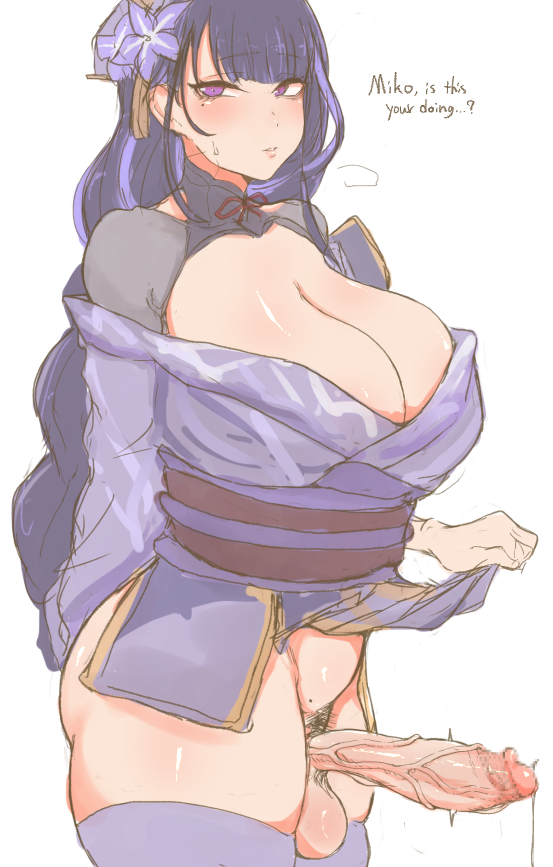 1futa, balls, big breasts, big penis, bottomless, breasts, clothed, clothing, erection, futa only, futanari, genshin impact, horny, huge balls, human, intersex, light skin, light-skinned futa, long hair, masso nullbuilt, nipples, pale skin, partially clothed, penis, precum, pubic hair, purple hair, raiden shogun, solo, standing, thighhighs