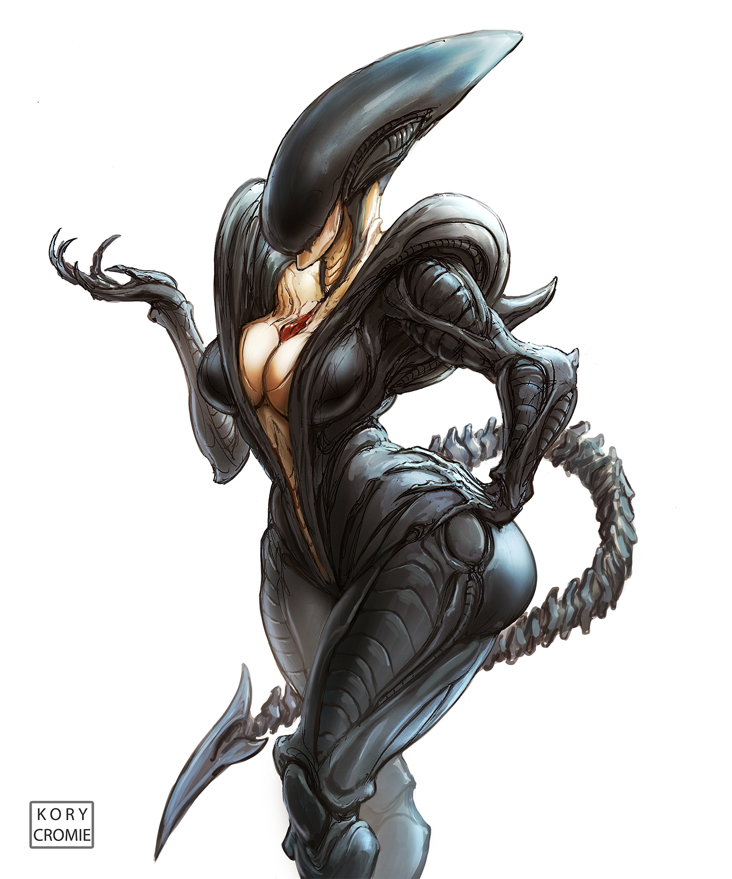 1girls, 2d, alien, alien (franchise), ass, breasts, female, female focus, female only, female xenomorph, hand on hip, kory cromie, long tail, open clothing, pseudo clothing, solo, solo female, solo focus, thick ass, thick thighs, xenomorph, xenomorph tail
