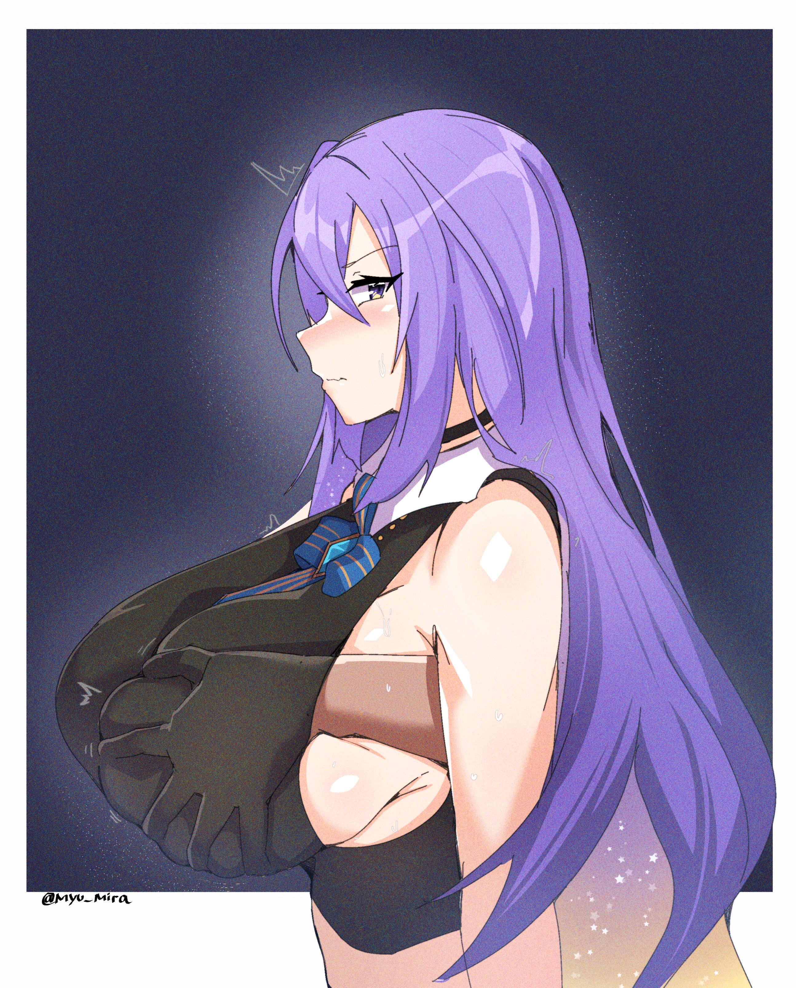 big breasts, boob squish, breast grab, breasts, breasts bigger than head, busty, busty female, embarrassed, embarrassed female, female, grabbing breasts, grabbing breasts from behind, groping breasts, hololive, hololive indonesia, hololive indonesia area 15, huge breasts, large breasts, moona hoshinova, myumi, purple hair, tagme, virtual youtuber