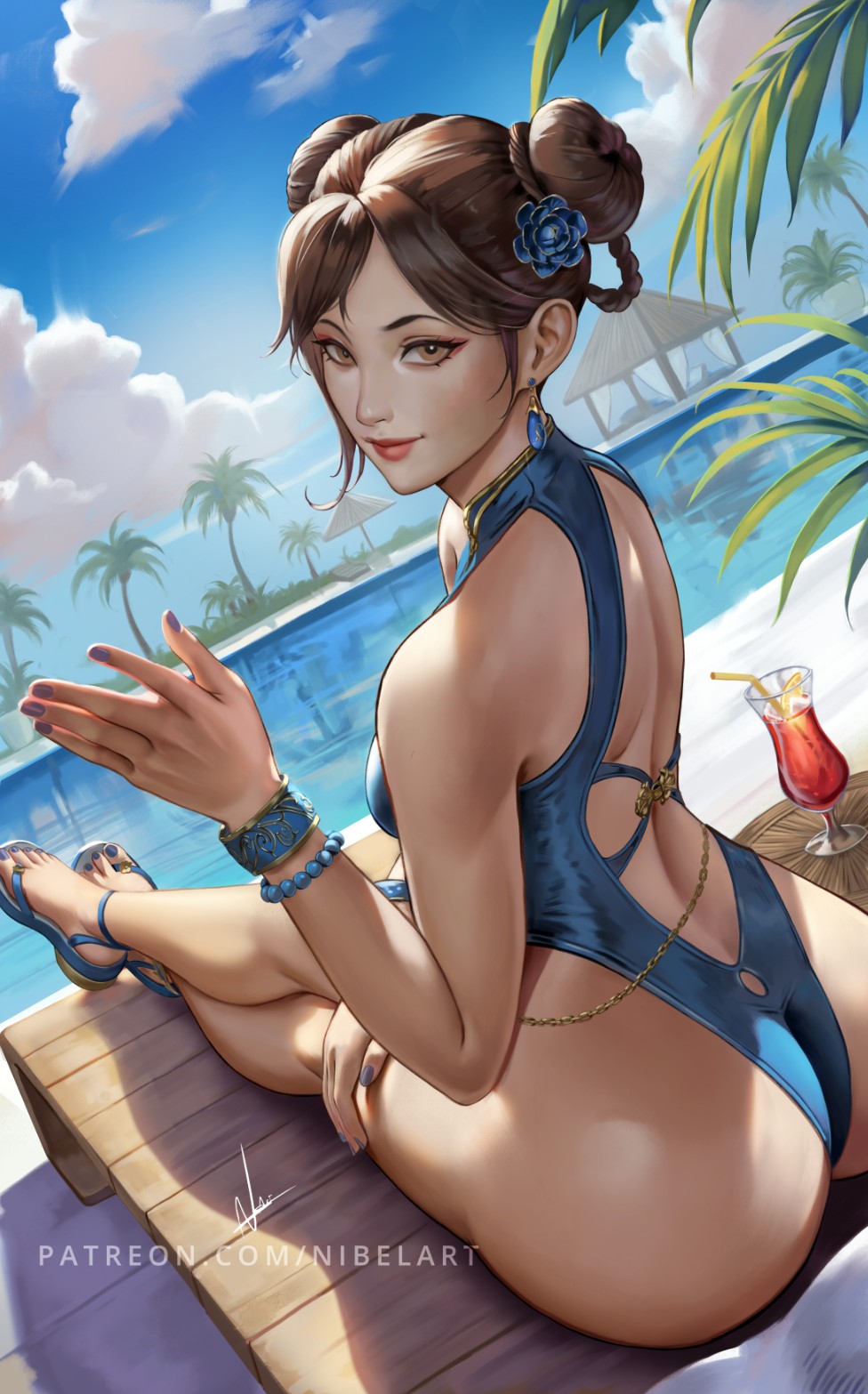 1girls, ass, back cutout, beach chair, belly chain, blue nails, blue one-piece swimsuit, bracelet, braid, braided hair rings, brown eyes, brown hair, capcom, chun-li, clothing cutout, cloud, crossed legs, double bun, earrings, female, female only, flower, hair bun, hair flower, hair ornament, hair rings, highleg, highleg one-piece swimsuit, highres, jewelry, multiple bracelets, nibelart, official alternate costume, official alternate hairstyle, one-piece swimsuit, palm tree, pool, poolside, sandals, sitting, smile, solo, street fighter, street fighter 6, swimsuit, thighs, tree, water, waterfall