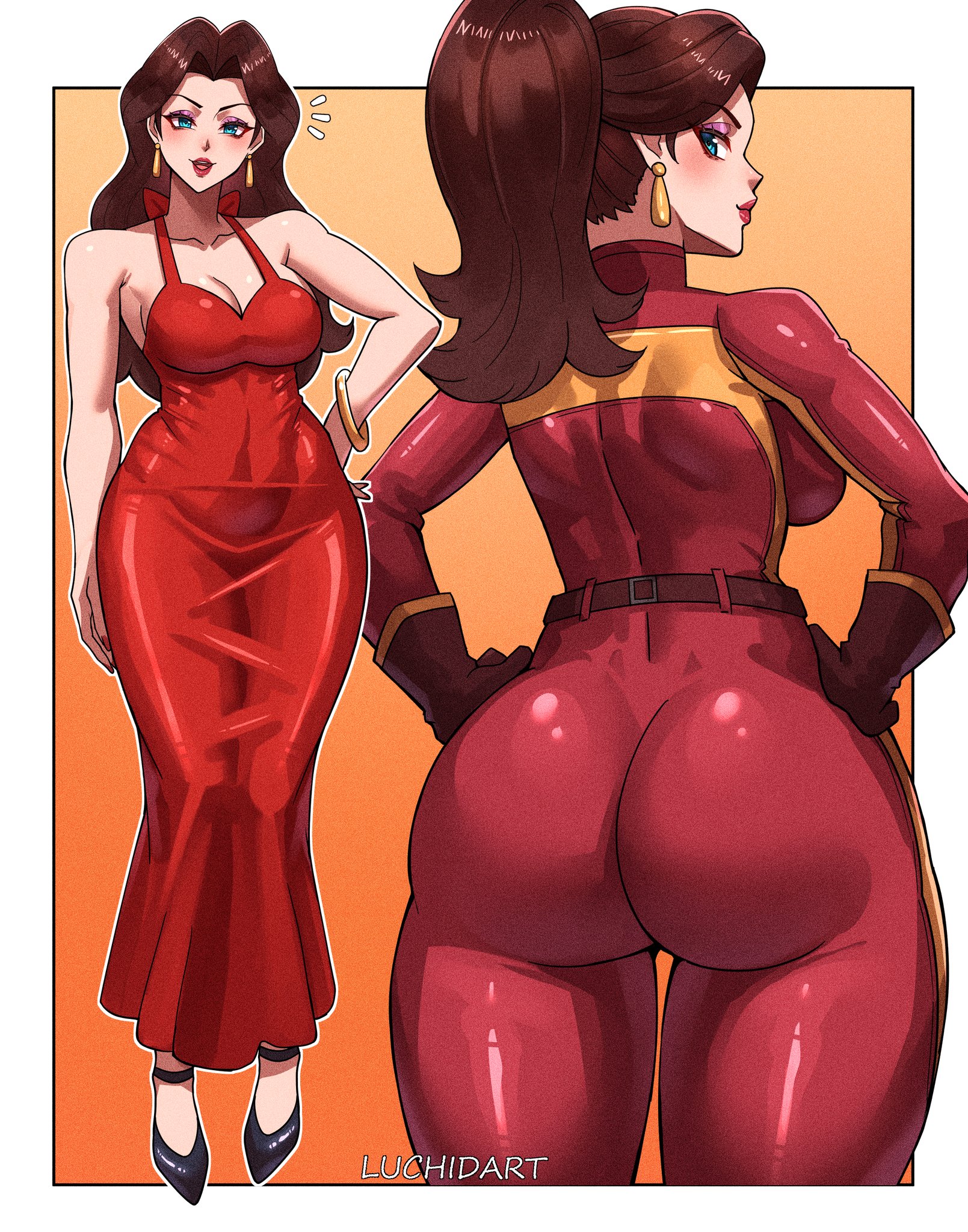 1girls, ass, ass focus, biker clothes, bikesuit, blue eyes, blush, bodysuit, breasts, brown hair, dress, female, female only, from behind, gloves, high heels, highres, huge ass, large breasts, long hair, looking at viewer, looking back, luchidart, mario (series), mario kart, mario kart world, nintendo, official alternate costume, pauline, pauline (aero), ponytail, sideboob, skin tight, smile, solo