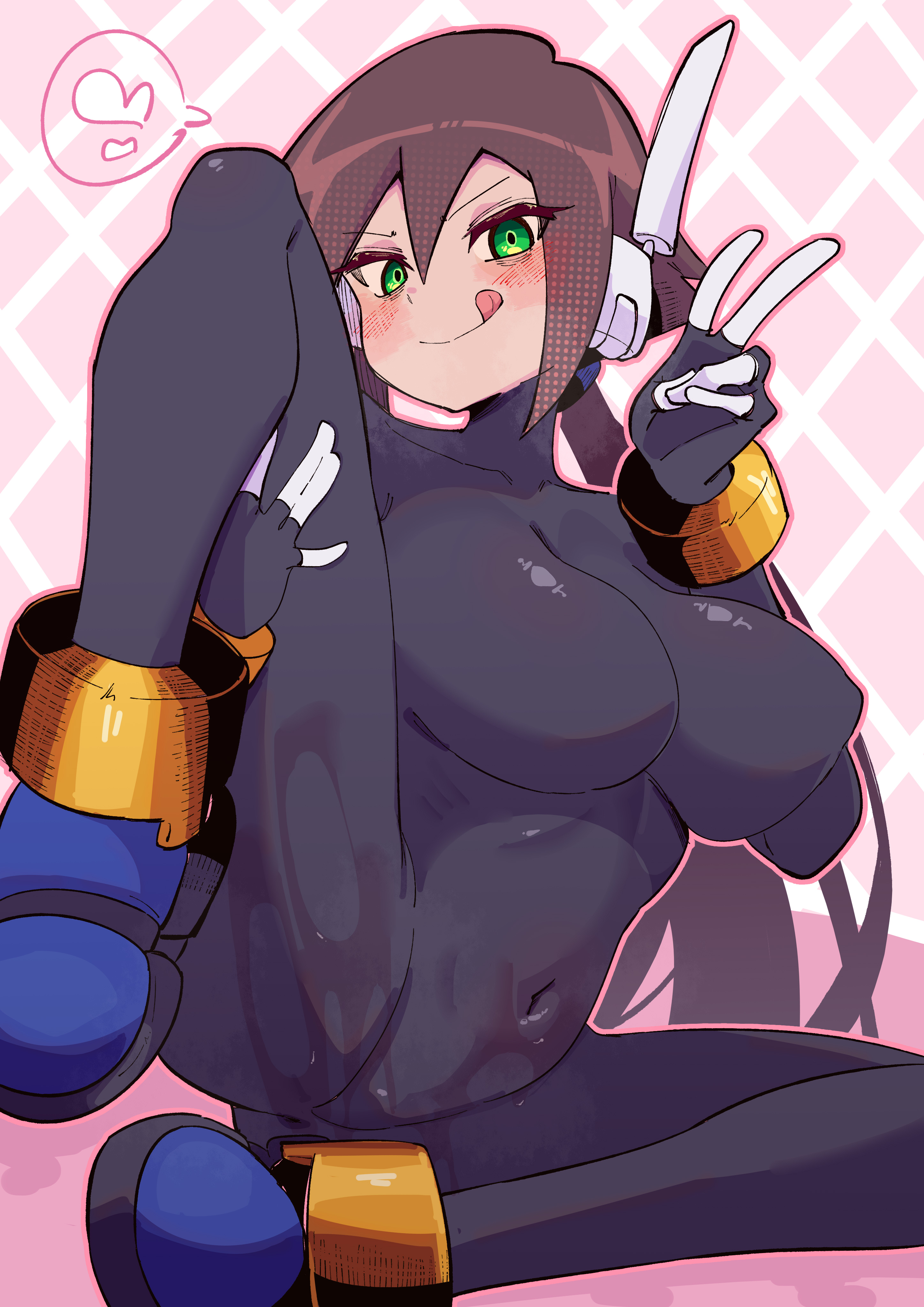 1girls, aile, blush, breasts, buzzlyears, closed mouth, female, functionally nude, large breasts, legs apart, licking lips, looking at viewer, mega man, mega man zx, naughty face, nipple bulge, shoes, shoes only, smile, solo, spoken heart, spread legs, v