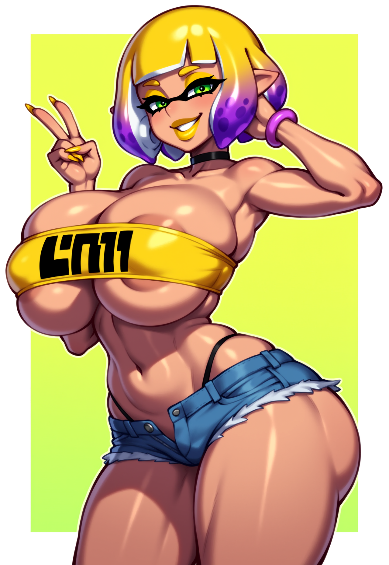 1girls, ai generated, areola, ass, bare arms, bare shoulders, barely clothed, big breasts, bimbo, bimbo body, bimbofication, bimbofied, bracelet, breasts, choker, cleavage, clothes writing, colored nails, colored skin, colored tips, dark skin, dark-skinned female, eyeshadow, female, gradient hair, green eyes, grin, hand in hair, hands up, huge ass, huge breasts, inkling, inkling girl, lipstick, long nails, looking at viewer, makeup, massive breasts, micro shorts, midriff, multicolored hair, navel, novelai, peace sign, purple hair, seductive, seductive eyes, seductive look, seductive smile, sexy, short hair, shorts, simple background, skindentation, smile, solo, solo female, splatoon, tgm101 (artist), thick lips, thick thighs, thin waist, thong, thong above shorts, tube top, tubetop, unbuttoned, unbuttoned pants, underboob, wide hips, yellow hair