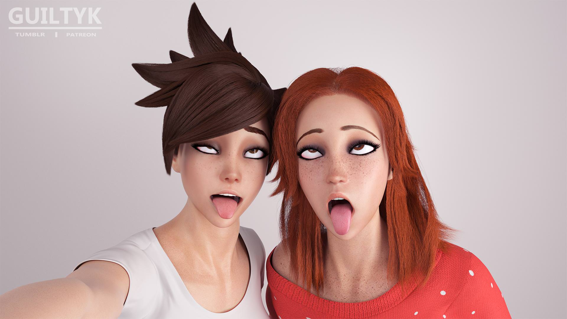 2girls, 3d, 3d (artwork), activision, ahe gao, artist name, blizzard entertainment, british female, emily (overwatch), european, european female, female, female focus, female only, freckles, girlfriend, guiltyk, lena oxton, overwatch, overwatch 2, tracer, watermark