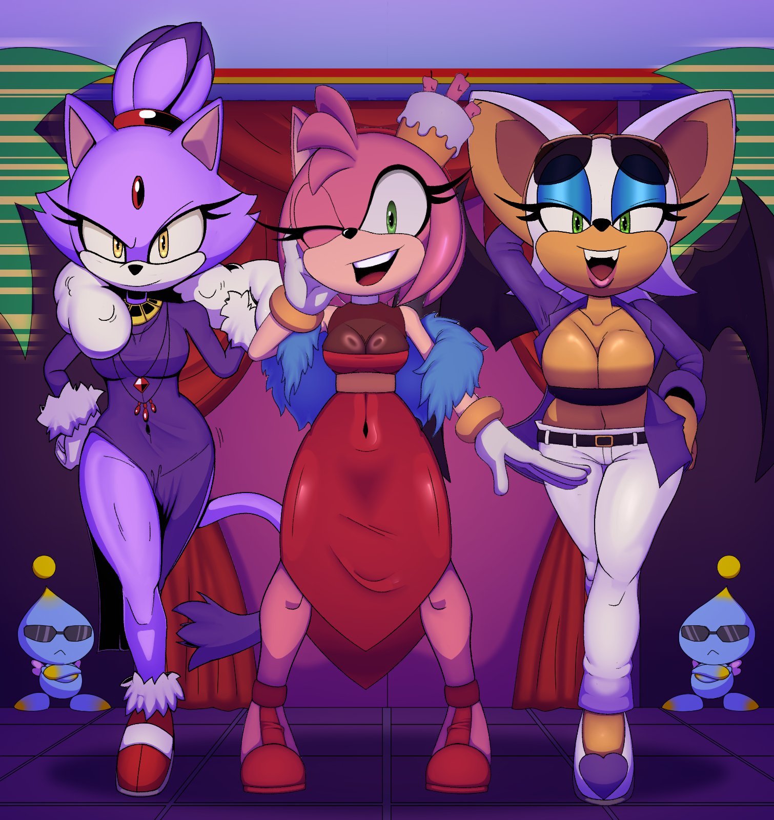 2d, 2d (artwork), 2d artwork, amber eyes, amy rose, bat ears, bat wings, bell, big boob, big breasts, big titties, blaze the cat, blue eyeshadow, bracelets, cake diadem, chao (sonic), cleavage, cleavage overflow, deliciouscake, diadem, dress, eyebrows, furry, gem on forehead, gloves, green eyes, hand on face, jacket, large breasts, ponytail, rouge the bat, sega, smile, smiling, sonic (series), sonic the hedgehog (series), sunglasses, sunglasses on head, the murder of sonic the hedgehog, thick ass, thick hips, thick thighs, thin waist, tight clothing, top, white pants, wide hips, wide thighs, winking