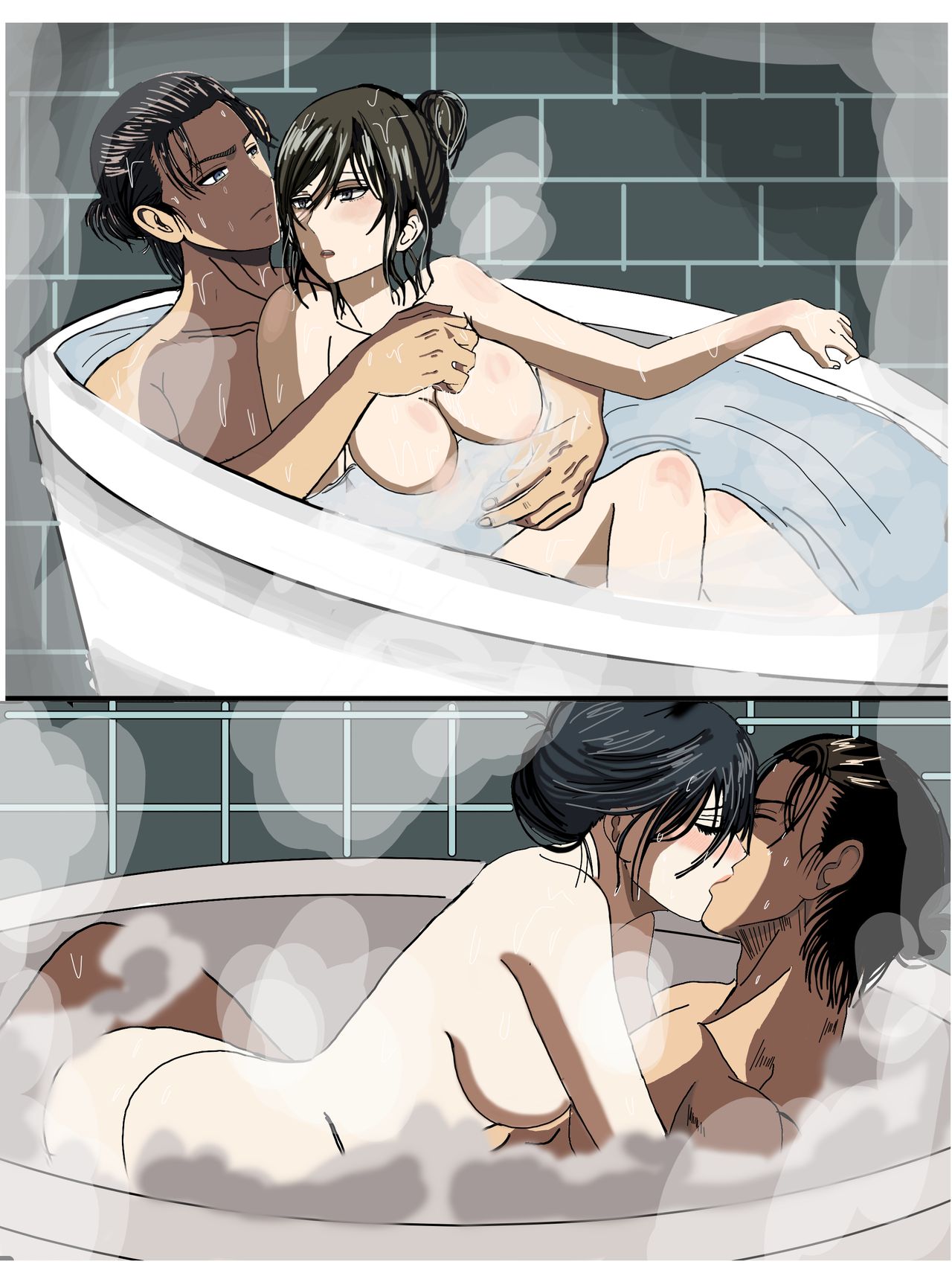 1boy, 1girls, attack on titan, bathtub, comic, eren jaeger, female, kissing, male, male/female, mikasa ackerman, shingeki no kyojin, straight