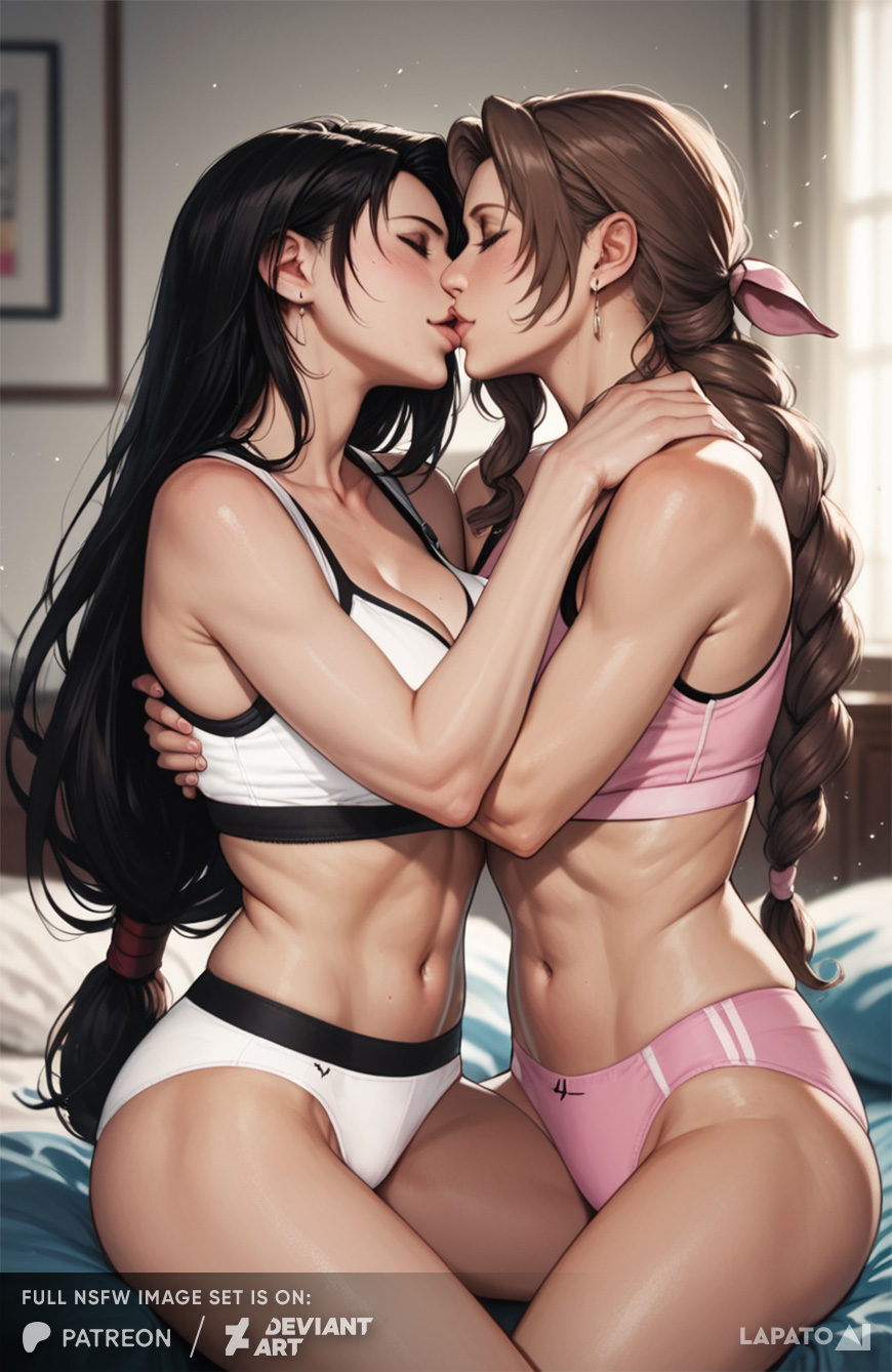 2girls aerith_gainsborough ai_generated black_hair brown_hair final_fantasy_vii_remake tifa_lockhart