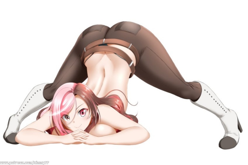 belt boots breasts brown_hair female heterochromia long_hair medium_breasts multicolored_hair neo_politan pants pink_eyes pink_hair solo top-down_bottom-up topless