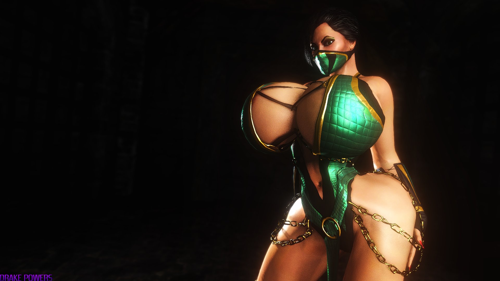 1girls, 3d, 3d (artwork), ass, big breasts, black hair, breasts, bust, busty, cleavage, dark nipples, dark skin, dark-skinned female, drakepowers, edenian, eyeshadow, female, female focus, female only, green eyes, human, humanoid, jade (mk9), jade (mortal kombat), large breasts, legs, long hair, mask, medium hair, midway, mortal kombat, mortal kombat (2011), netherrealm studios, thick, thick ass, thick legs, thick thighs, thighs, voluptuous