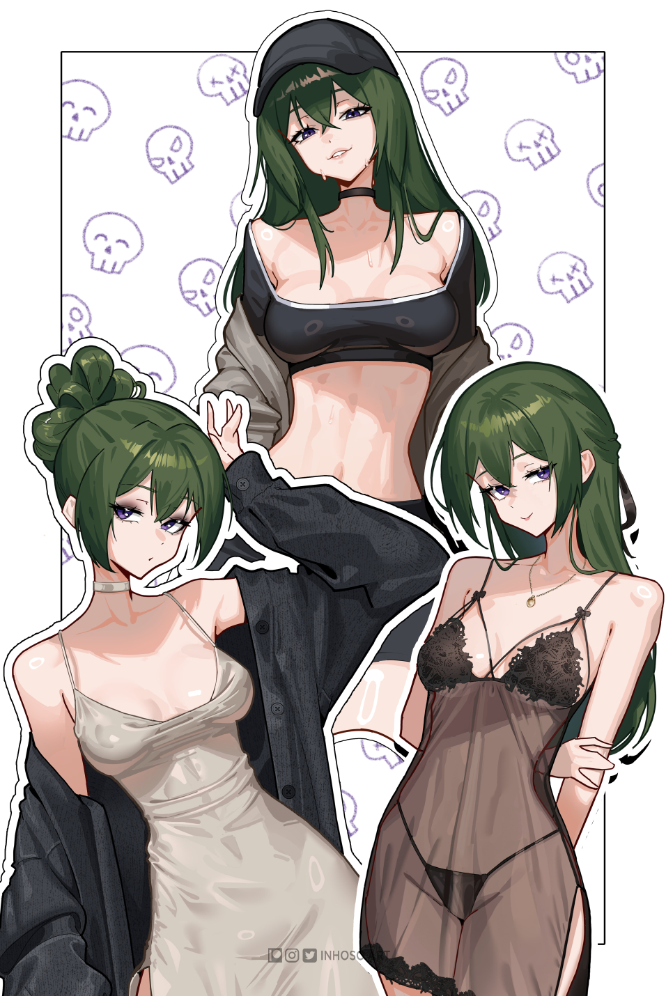 1girls, alternate costume, arms behind back, bare shoulders, black choker, black hat, black jacket, black nightgown, black panties, black shirt, breasts, choker, closed mouth, commentary, crop top, crossed bangs, double-parted bangs, dress, english commentary, female, female only, green hair, grey choker, grey dress, hair between eyes, hand up, hat, highleg, highleg panties, highres, inhoso, instagram logo, jacket, jewelry, lingerie, long hair, long sleeves, looking at viewer, medium breasts, multiple views, necklace, nightgown, off shoulder, open clothes, open jacket, outline, panties, parted lips, patreon logo, pendant, purple eyes, see-through clothes, shiny skin, shirt, sleepwear, sleeveless, sleeveless dress, sleeves past wrists, smile, sousou no frieren, spaghetti strap, standing, string panties, sweat, teeth, twitter logo, ubel (sousou no frieren), underwear, white outline