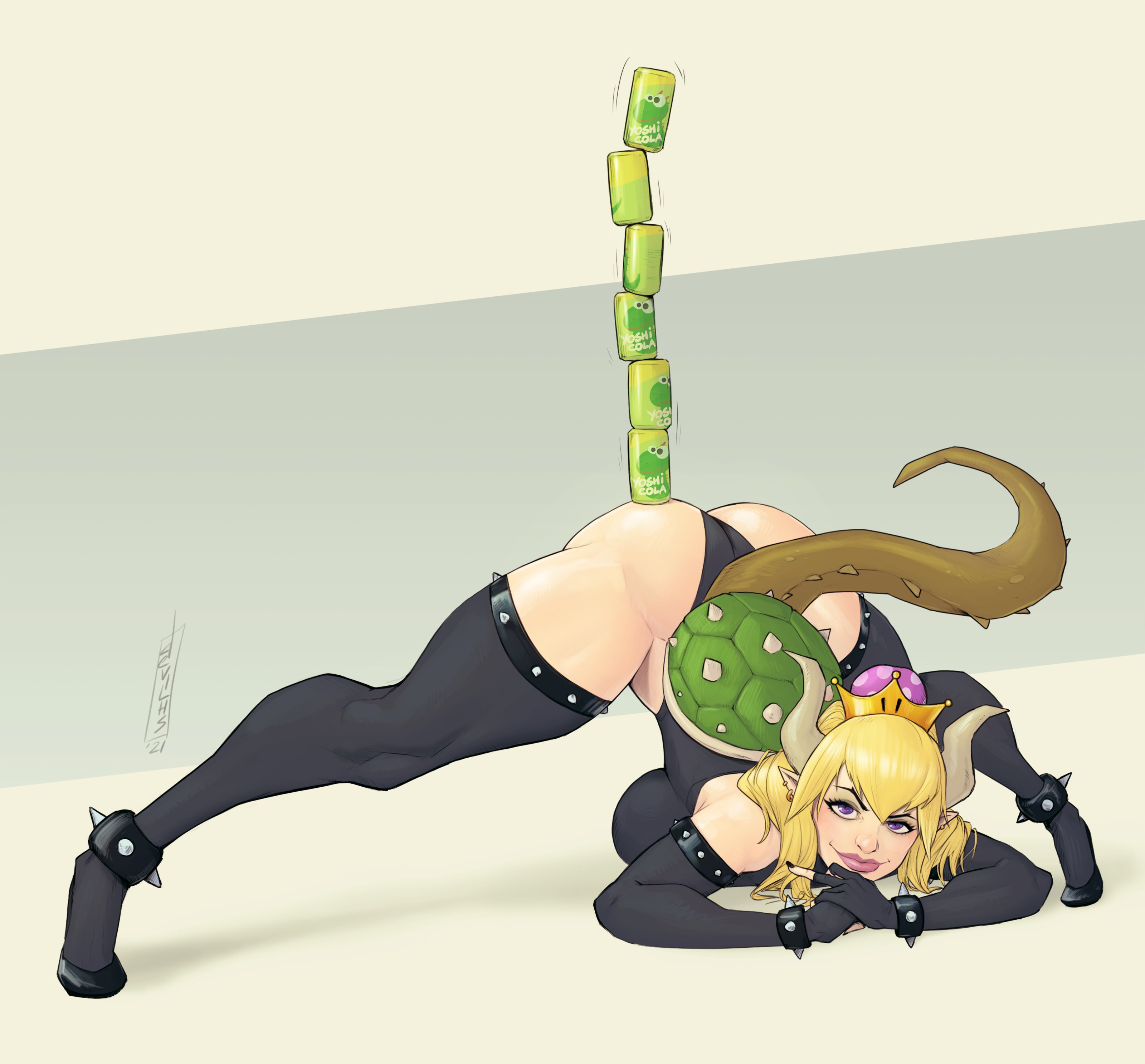 1girls, anklet, ass, ass up, black elbow gloves, black fingerless gloves, black thighhighs, black thong leotard, blonde hair, bowsette, brown tail, devil hs, earrings, elbow gloves, female, fingerless elbow gloves, fingerless gloves, flexible, full body, horns, jack-o pose, jackochallenge, mario (series), middle finger, new super mario bros. u deluxe, nintendo, pink lips, pointy ears, purple eyes, simple background, smile, spiked anklet, spiked armband, spiked bracelet, spiked shell, spiked thighlet, super crown, tagme, tail, thick lips, thick tail, thighhighs, thong leotard, toned, toned legs, turtle shell