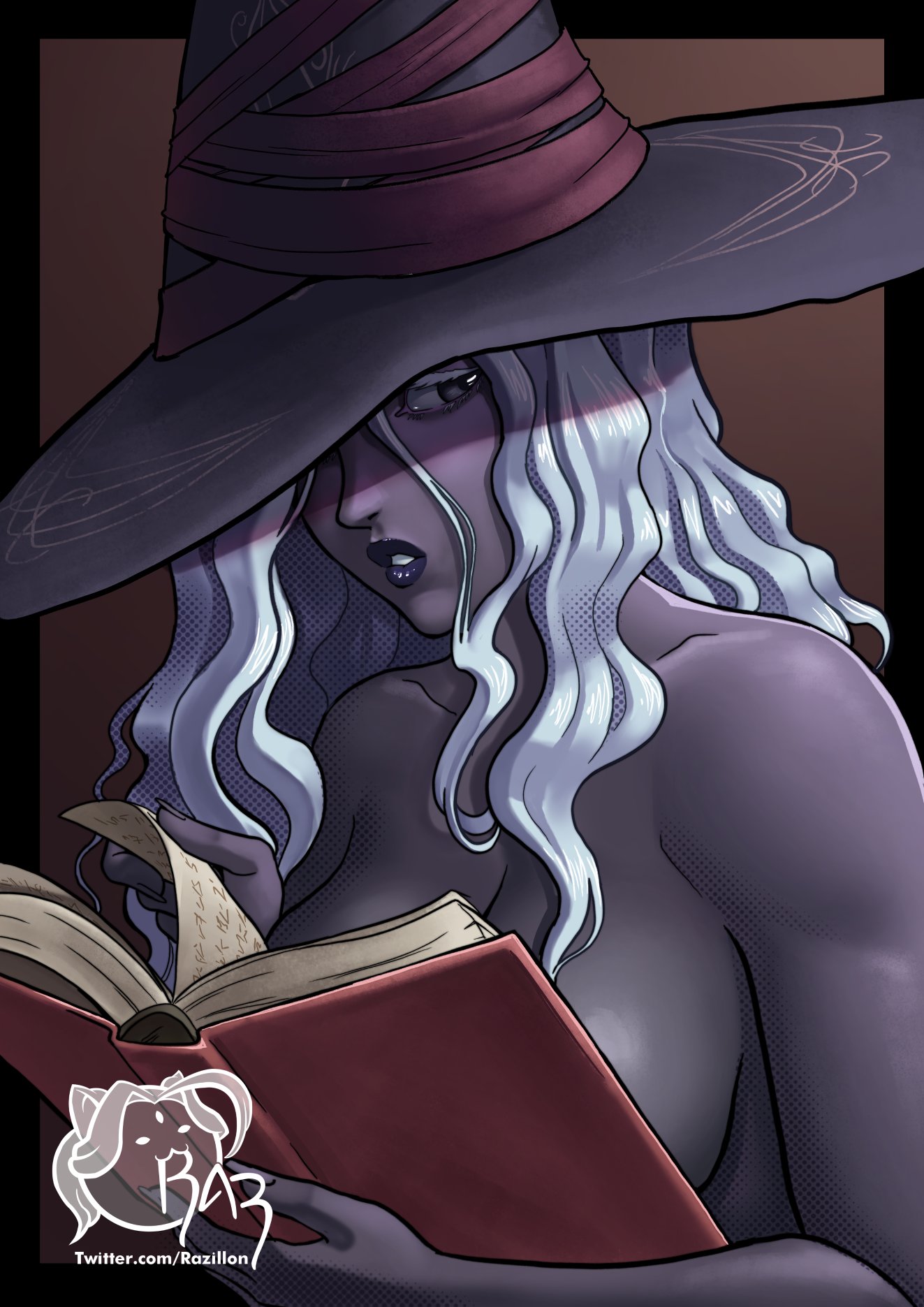 1girls, 2025, black body, black eyes, book, breasts, covered breasts, elden ring, elden ring nightreign, female, female only, fromsoftware, hi res, long hair, looking at viewer, nude, nude female, ouch meme, razillon, recluse (nightreign), shaded, solo, white eyelashes, white hair, witch hat