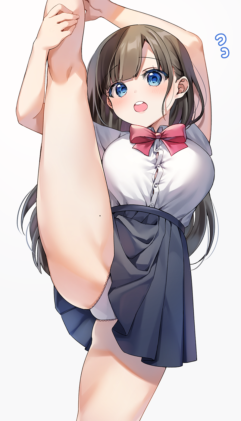 1girls :o arms_up ass bare_legs black_hair black_skirt blue_eyes blush bow bowtie breasts brown_hair chyoling collared_shirt commentary cowboy_shot dress_shirt flying_sweatdrops gradient_background grey_background high-waist_skirt highres holding_own_leg kneepits large_breasts leg_lift leg_up long_hair long_sleeves looking_at_viewer medium_breasts open_mouth original panties pantyshot pleated_skirt red_bow school_uniform shirt shirt_tucked_in short_sleeves simple_background skirt solo split standing standing_on_one_leg standing_split stretching teeth tented_shirt thighs underwear upper_teeth_only upskirt very_long_hair white_background white_panties white_shirt