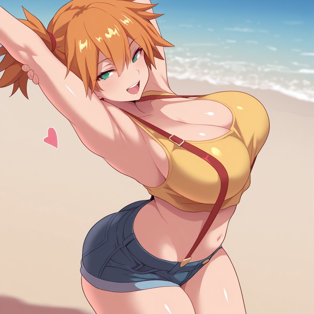 :d, ai generated, alternative bust size, armpits, arms behind head, arms up, asymmetrical hair, bangs, bare arms, bare shoulders, bikini, blue shorts, blush, breasts, clavicle, cleavage, clothing, crop top, curvaceous, denim, denim shorts, eyelashes, female, green eyes, gym leader, hair between eyes, huge breasts, kasumi (pokemon), large breasts, legs, looking at viewer, midriff, navel, open mouth, open-mouth smile, orange hair, pokemon, pokemon character, pokemon rgby, ponytail, shiny skin, shirt, short hair, short shorts, shorts, side ponytail, sleeveless, sleeveless shirt, smile, standing, suspender shorts, suspenders, swimsuit, tank top, thick thighs, thighs, tied hair, wide hips, yellow shirt, yellow tank top