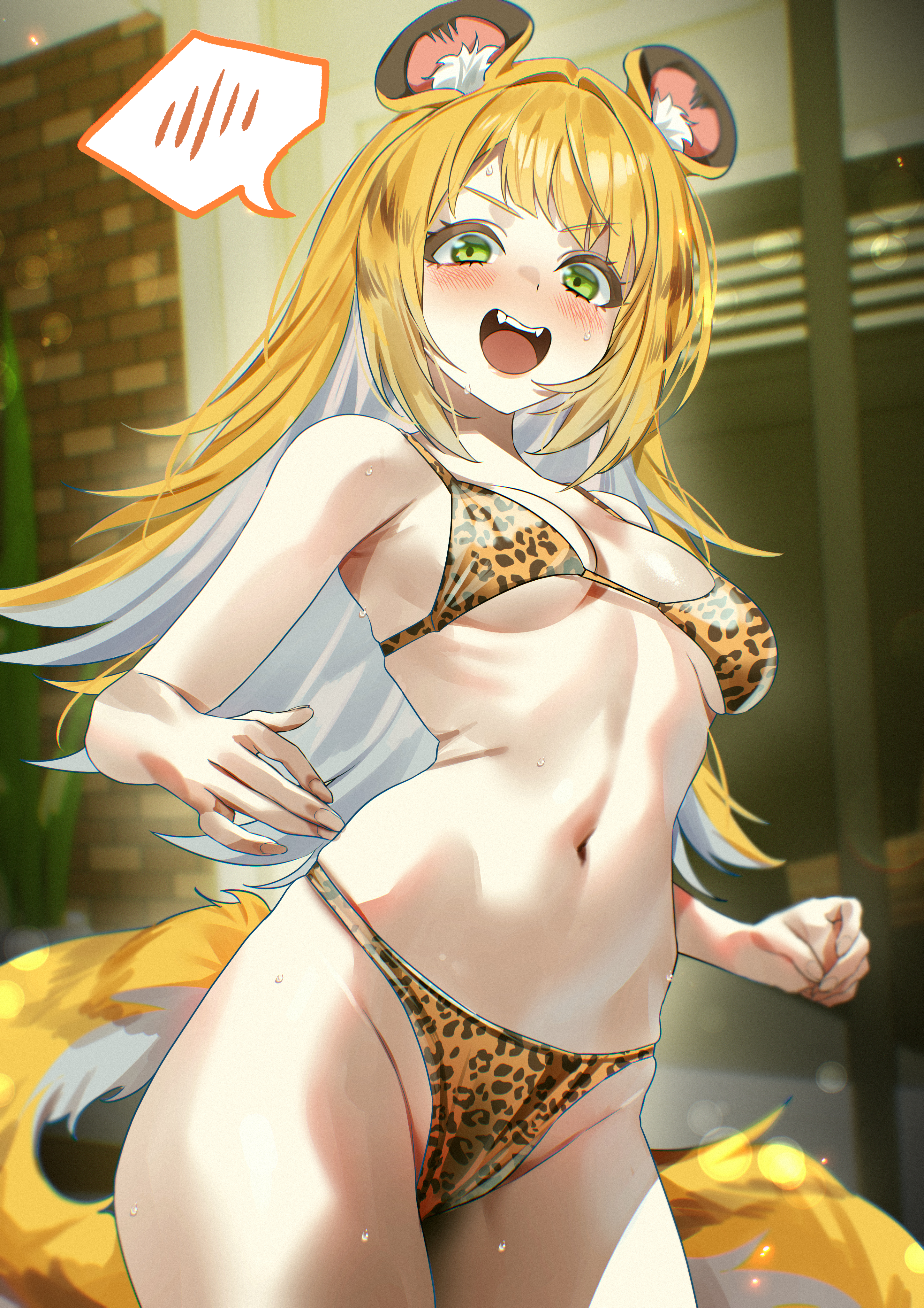 1girls, animal ears, bikini, blonde hair, breasts, cat girl, catgirl, embarrassed, female, green eyes, joacy, ju fufu, ju fufu (zenless zone zero), looking at viewer, multicolored hair, open mouth, petite, small breasts, swimsuit, tail, tiger ears, tiger girl, tiger tail, white hair, zenless zone zero