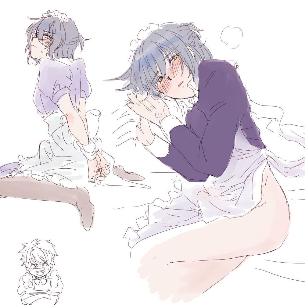 1boy androgynous blue_hair blush bondage bradley_bain bruises choker crossdressing_male kusoboti lingerie mahoyaku maid maid_headdress maid_uniform male nero_turner promise_of_wizard thick_thighs thighhighs thighs underwear yellow_eyes