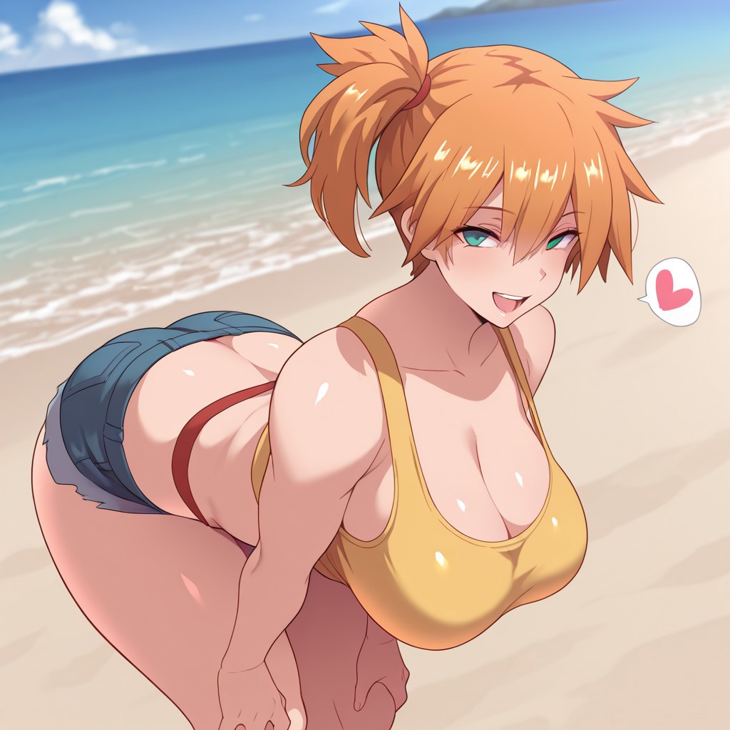 :d, ai generated, alternative bust size, ass, asymmetrical hair, bangs, bare arms, bare shoulders, beach, bent over, bikini, blue shorts, blue sky, blush, breasts, clavicle, cleavage, clothing, crop top, curvaceous, day, denim, denim shorts, female, female only, green eyes, gym leader, hair between eyes, heart, huge breasts, kasumi (pokemon), large breasts, leaning forward, legs, looking at viewer, midriff, navel, ocean, open mouth, open-mouth smile, orange hair, outdoors, pokemon, pokemon character, pokemon rgby, pokemon species, ponytail, posterior cleavage, sand, shiny skin, shirt, short hair, short shorts, shorts, side ponytail, sky, sleeveless, smile, solo, spoken heart, suspenders, swimsuit, tank top, thick thighs, thighs, tied hair, water, wide hips, yellow shirt, yellow tank top