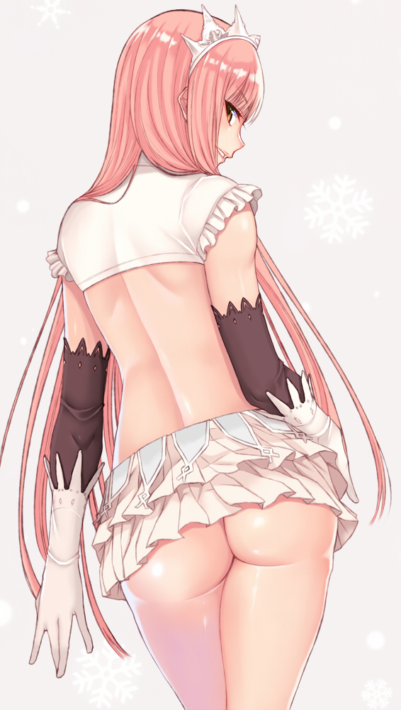 1girls ass back bangs blush breasts brown_eyes clothing cocq_taichou crop_top crown elbow_gloves fate/grand_order fate_(series) female female_ass gloves grin headwear layered_gloves long_hair looking_at_viewer looking_back medb_(fate) miniskirt pink_hair shiny shiny_hair simple_background skirt smile snowflakes solo thighs tiara white_gloves white_skirt yellow_eyes