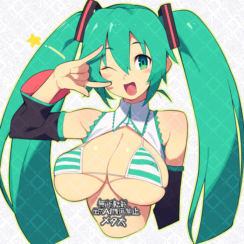 ;d, 1girl, 1girls, alternate breast size, aqua bikini, aqua hair, arm up, bare shoulders, bikini, bikini top only, blush, breasts, cleavage, commentary request, cropped torso, detached sleeves, female, female only, green eyes, green hair, hatsune miku, large breasts, long hair, long sleeves, looking at viewer, meme attire, metata, miku collar bikini, one eye closed, open mouth, simple background, skindentation, smile, solo, star (symbol), striped, striped bikini, striped clothes, swimsuit, twintails, upper body, very long hair, vocaloid, white background