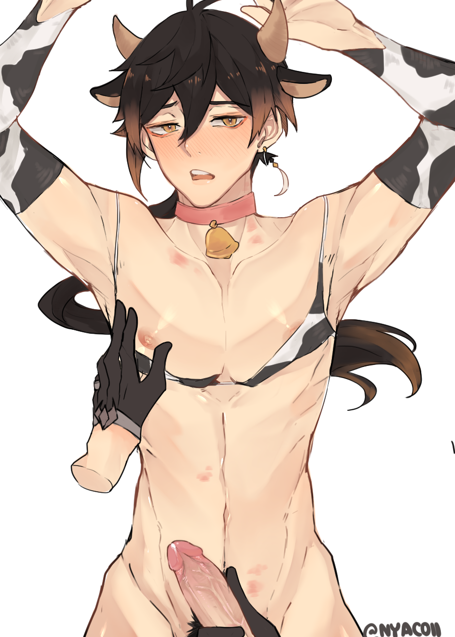 1boy 2021 2boys areola areola_slip armpits arms_up armwear bell belly bikini bikini_top bikini_top_aside blush blush_lines childe_(genshin_impact) choker collarbone cow_ears cow_horns cow_print cow_print_armwear cow_print_bikini d: dark_hair earring erect_penis erection eyebrows femboy genshin_impact half-closed_eyes long_hair male male_focus male_only navel nipple_slip nipple_tweak nipples nyacoii open_mouth penis penis_grab pink_choker precum simple_background standing tartaglia_(genshin_impact) twink vein veins veiny veiny_penis white_background yaoi yellow_eyes zhongli_(genshin_impact)