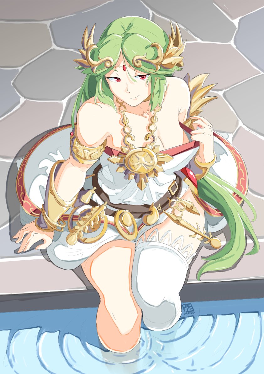 1girls, automatic giraffe, dress, female, green hair, kid icarus, kid icarus uprising, looking at viewer, nintendo, one thighhigh, palutena, red eyes, swimming pool, water, white dress, white legwear