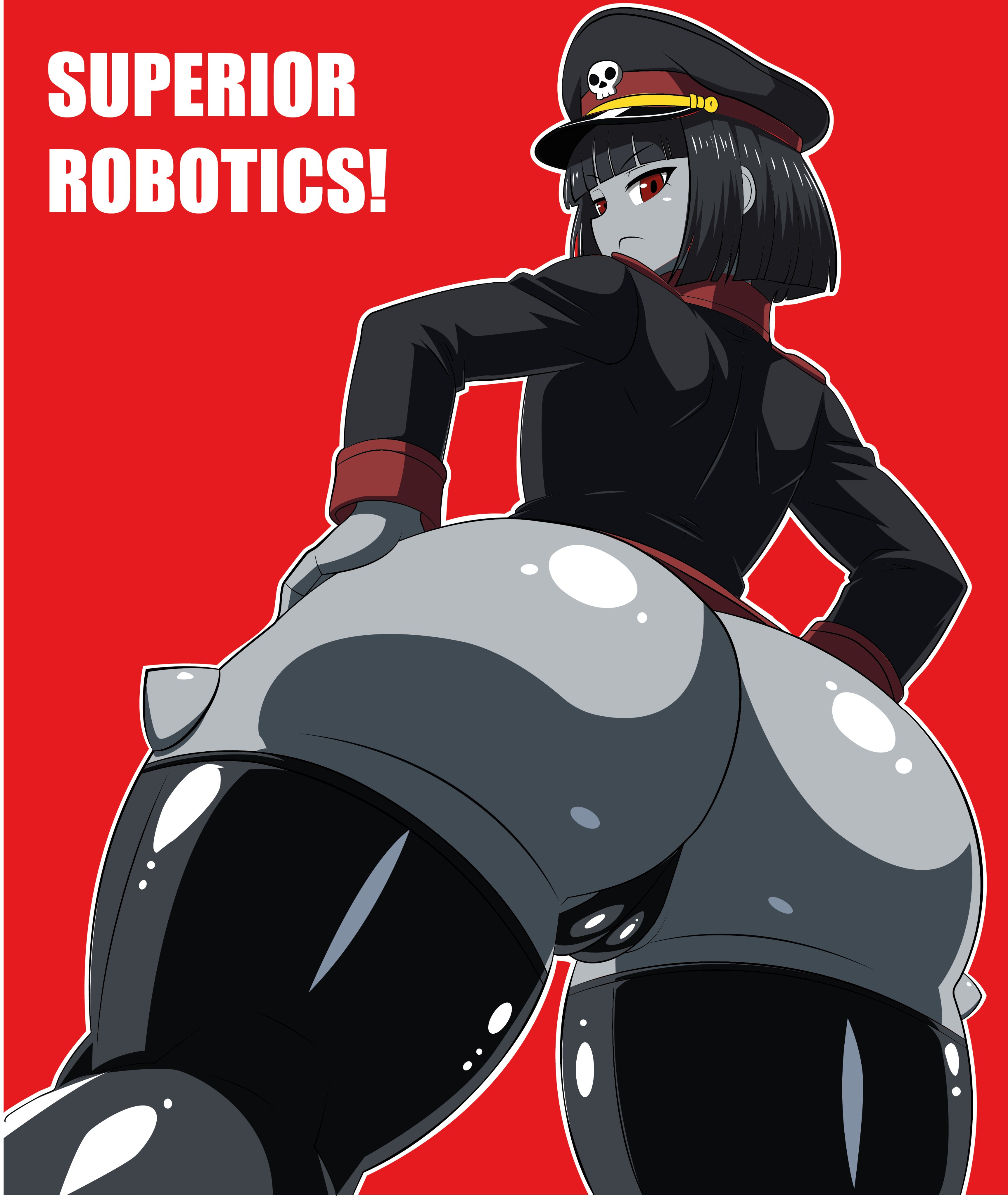 1girls, fat ass, grey body, grey skin, polypolice, robot, robot commander (bingbingzi), robot girl, simple background, stockings