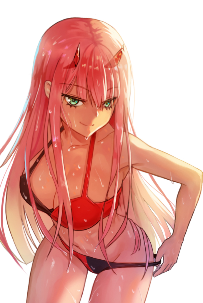 bangs, bikini, breasts, cleavage, closed mouth, clothed female, clothing, darling in the franxx, eyebrows visible through hair, female, green eyes, horns, large breasts, leaning forward, long hair, looking at viewer, medium breasts, pink hair, simple background, smile, solo, standing, swimsuit, tagme, tutler, very long hair, wet, white background, zero two (darling in the franxx)